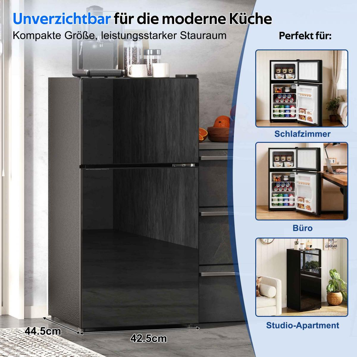 Schwarzer Kühlschrank mit Maßen 44,5x42,5cm, daneben Bilder von Mini-Kühlschränken.