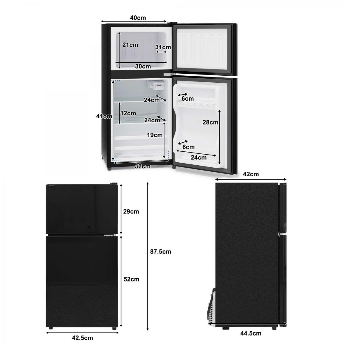 Schwarzer Mini-Kühlschrank mit Maßen. Oberer Gefrierschrank, unterer Kühlschrank.