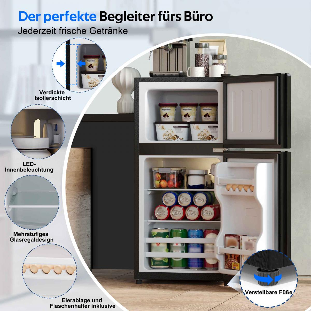 Ein schwarzer Mini-Kühlschrank mit Lebensmitteln und Getränken. Merkmale: LED-Beleuchtung, Glasregale, Eier-/Flaschenhalter.