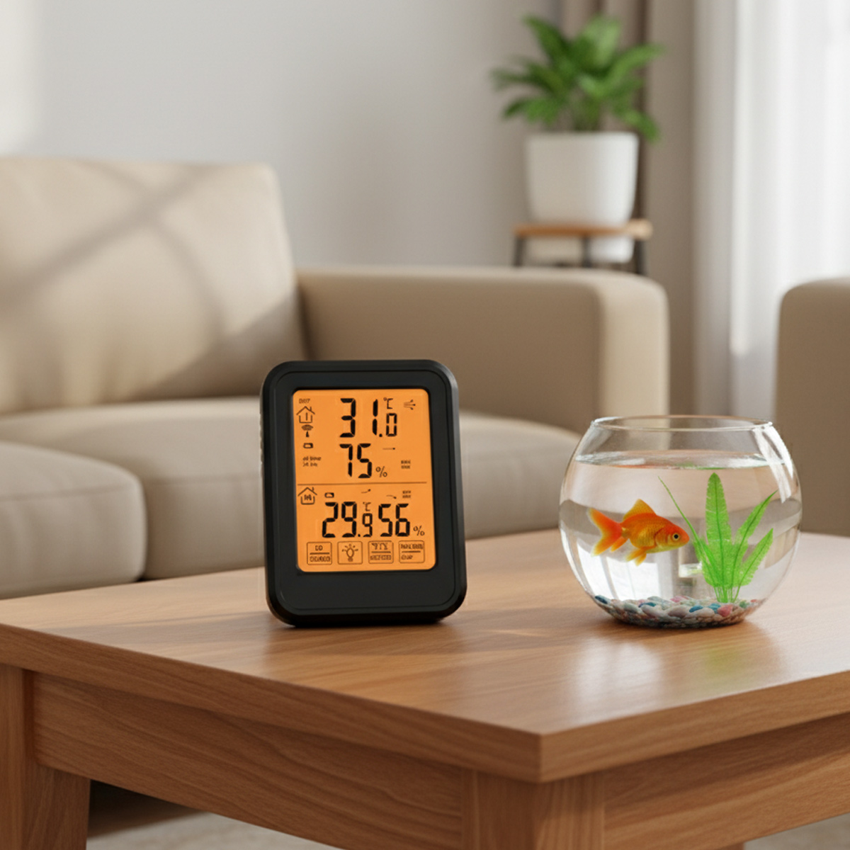 Digitales Thermometer auf dem Tisch neben einer Goldfischschale im Wohnzimmer.