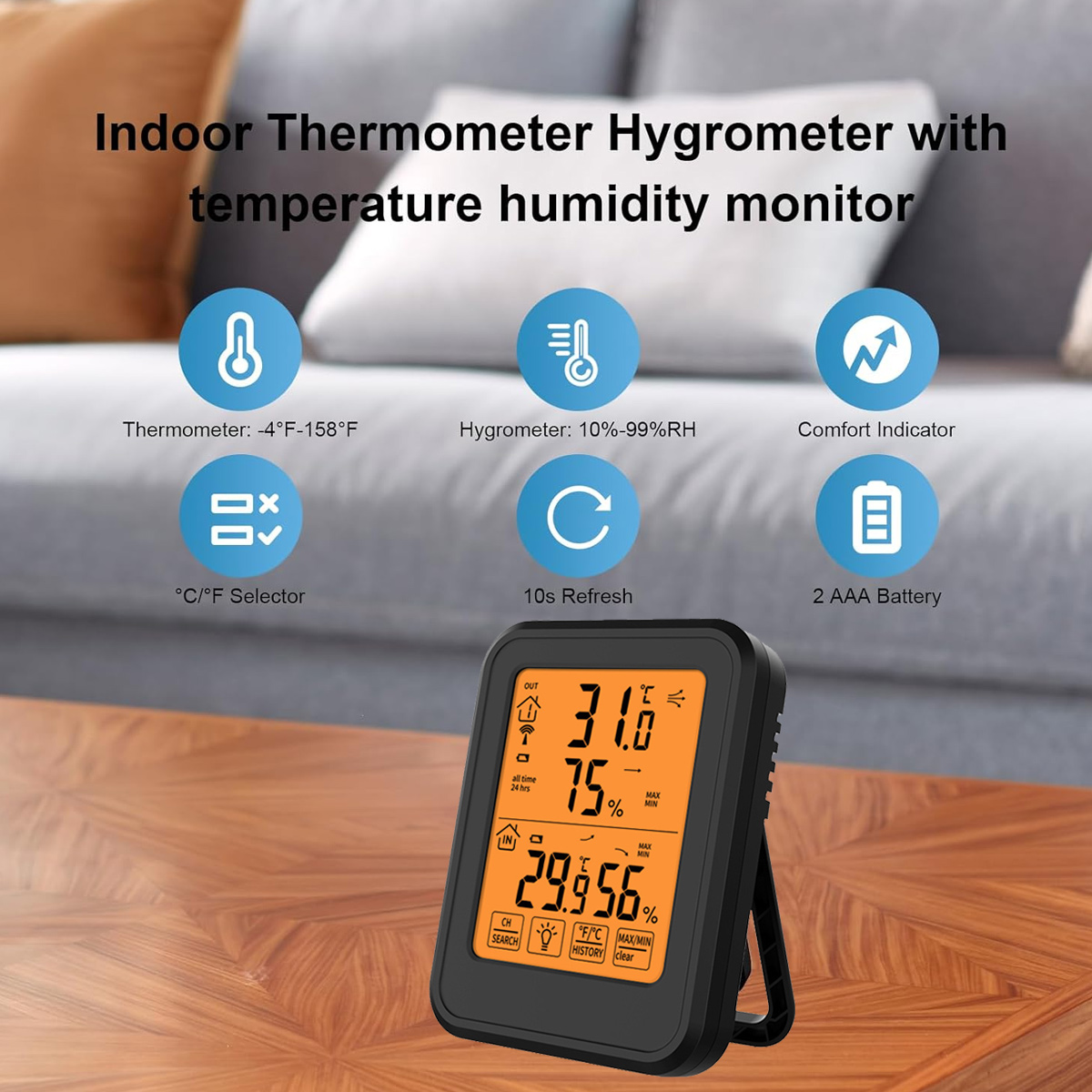 Digitales Thermometer/Hygrometer mit orangefarbenem Display auf einem Holztisch.