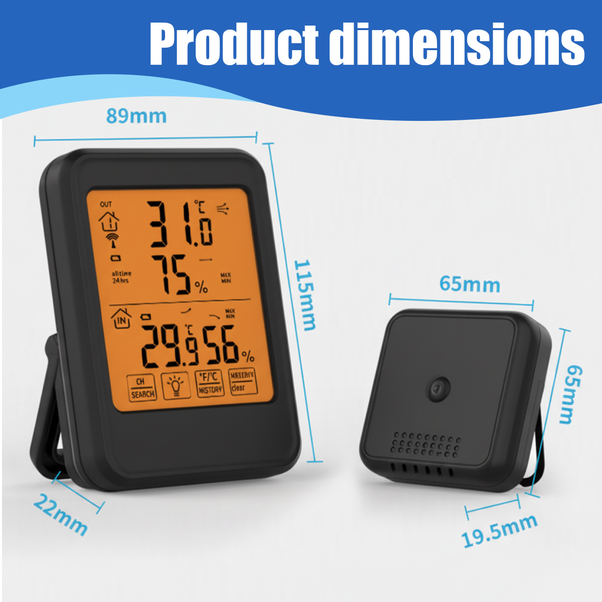 Digitale Thermometer und Sensor mit Maßen. Hauptgerät 89x115x22mm.