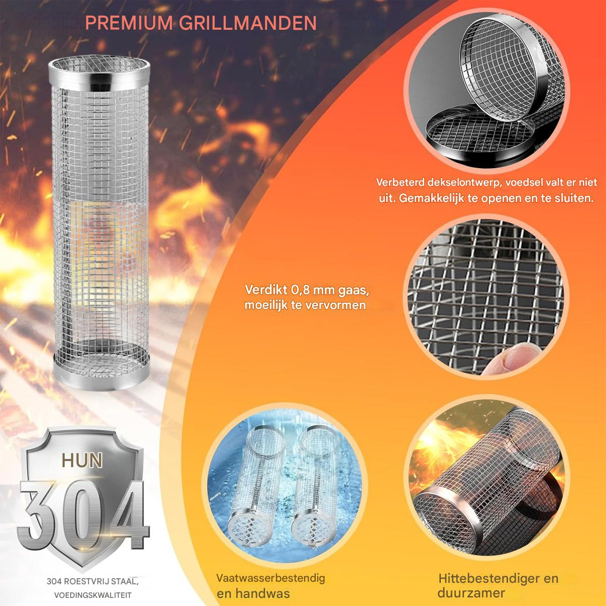 Grillkorb aus Edelstahl, 0,8mm dickes Gitter, spülmaschinenfest.