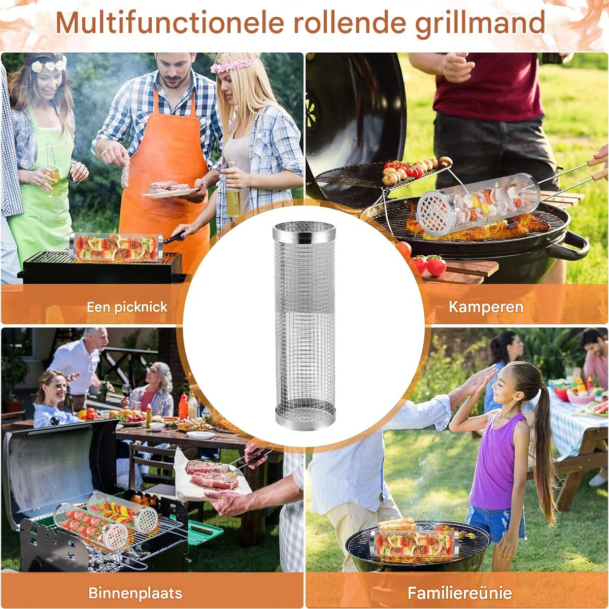 Mehrere Szenen zeigen Menschen beim Grillen mit einem multifunktionalen Grillbehälter.