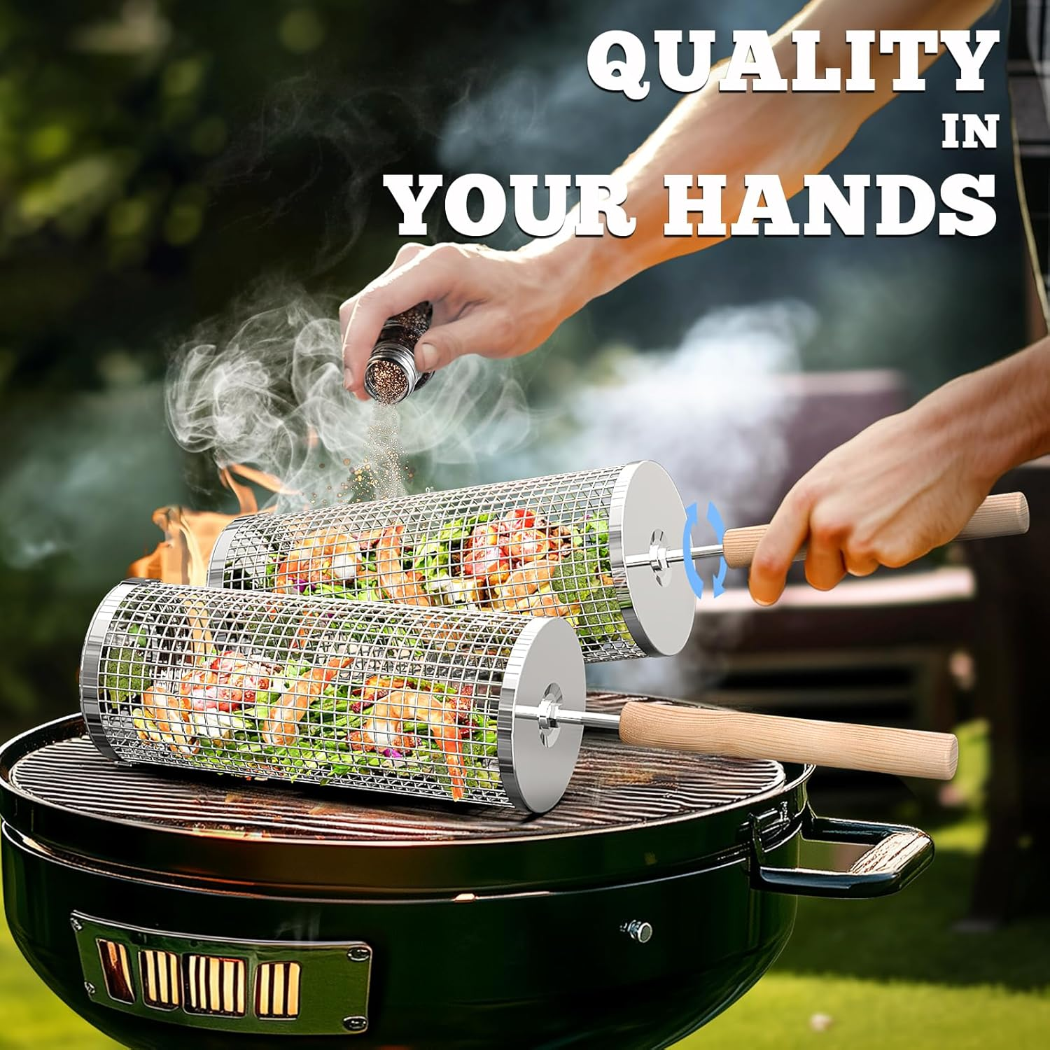 Hände würzen Essen in rotierenden Grills auf einem Grill. Qualität in Ihren Händen.