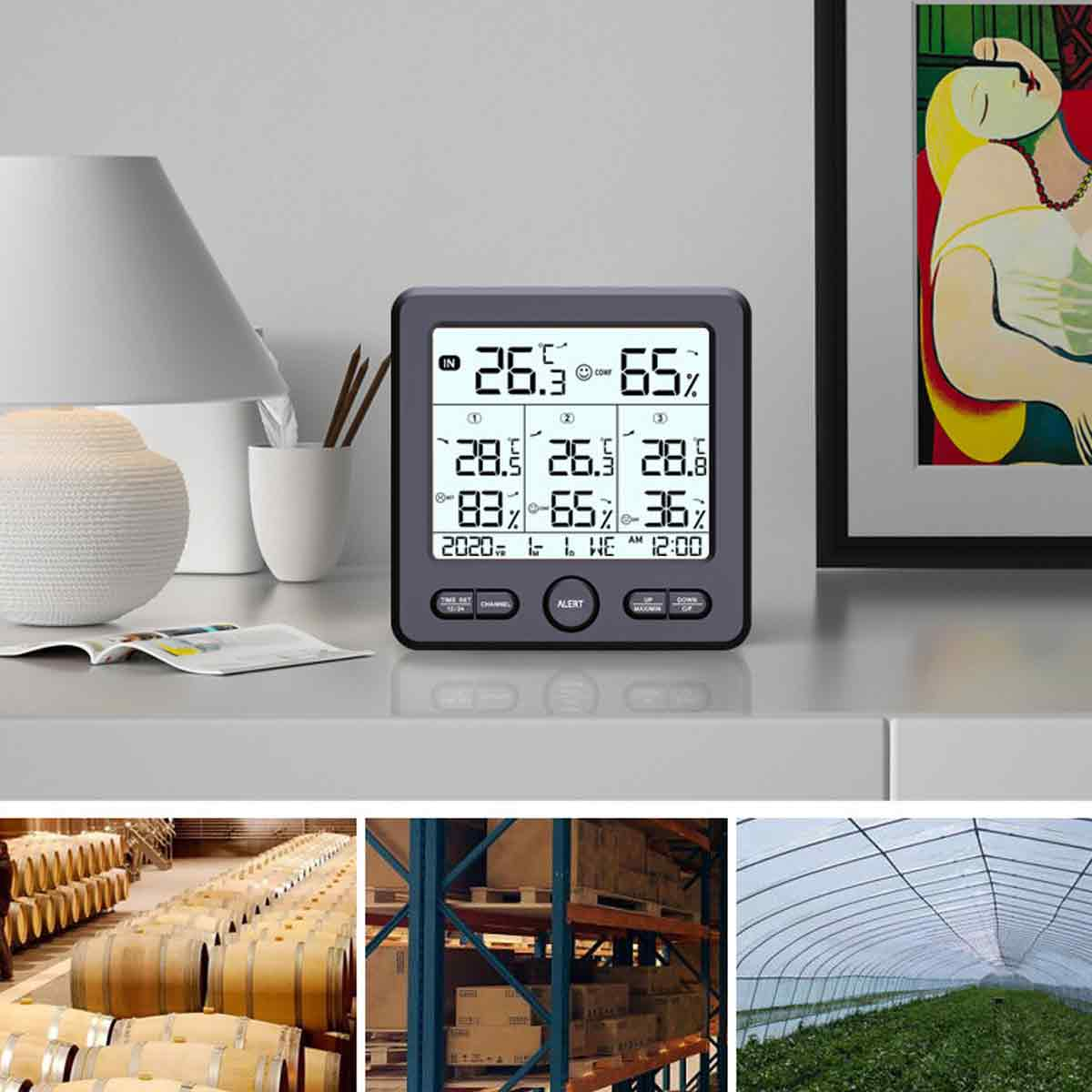 Ein digitales Thermometer zeigt Temperatur und Luftfeuchtigkeit an.