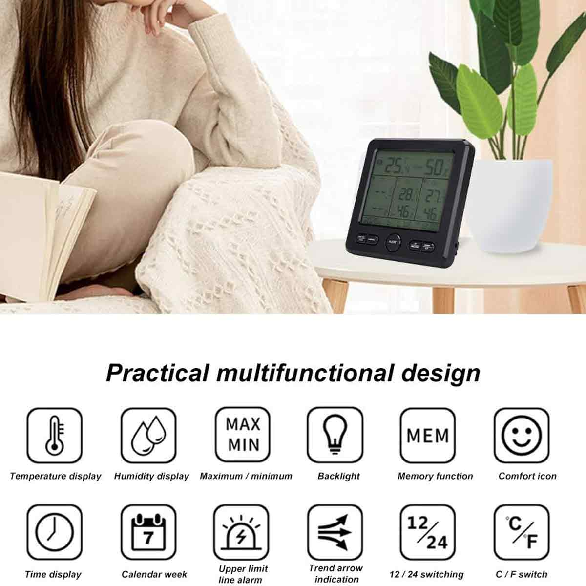 Ein digitales Thermometer mit Anzeige für Temperatur und Luftfeuchtigkeit.