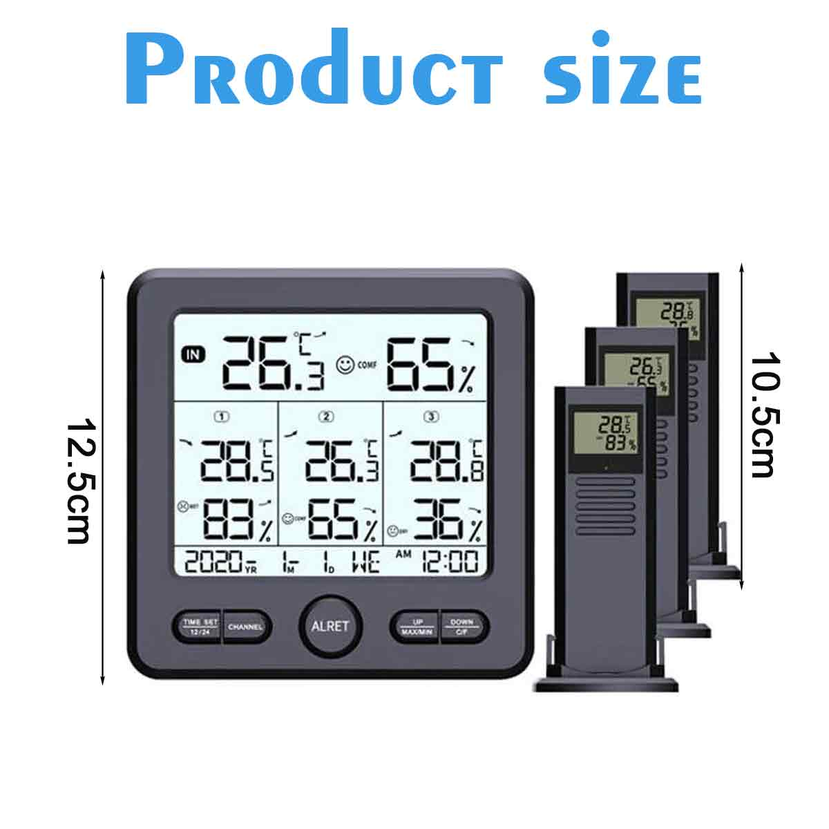 Ein digitales Thermometer mit drei Außensensoren und Größenangaben.