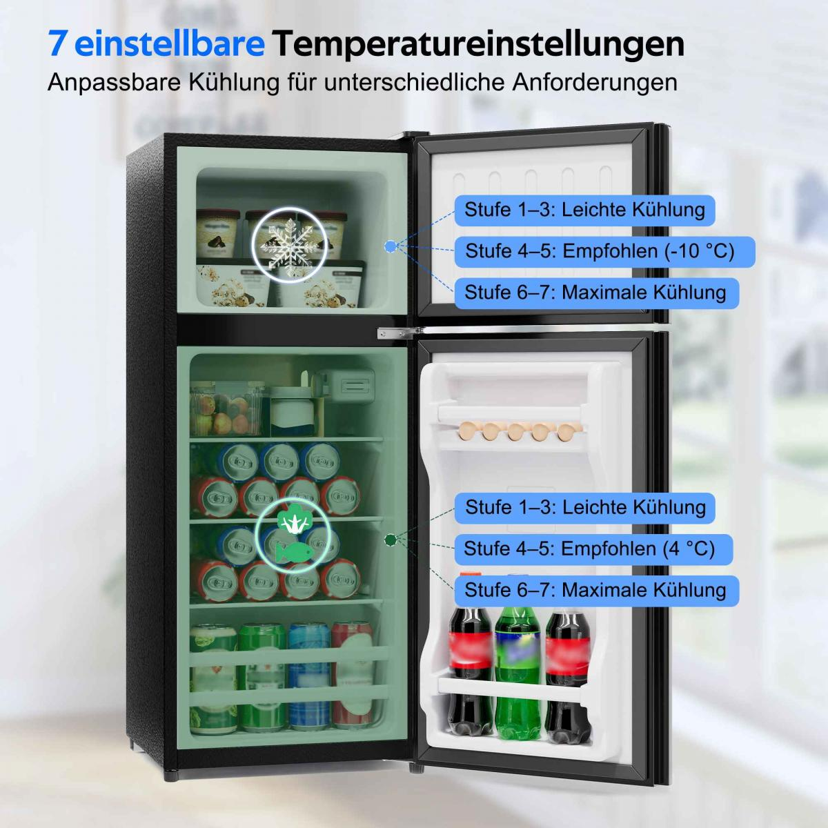 Offener Kühlschrank mit gefrorenen Lebensmitteln und Getränken, Temperaturstufen angezeigt.