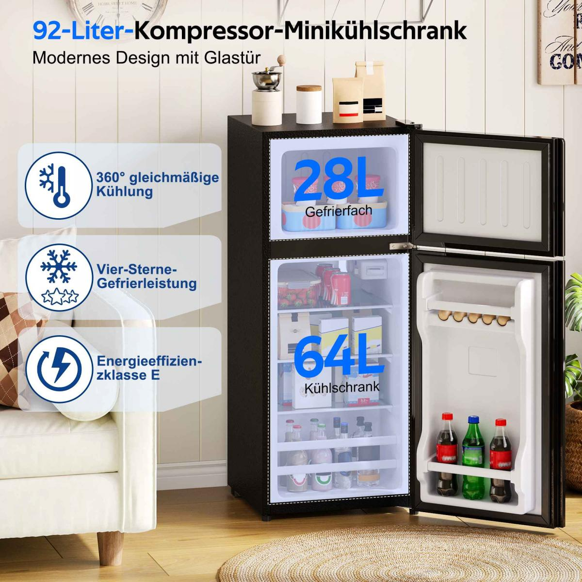 Ein schwarzer 92-Liter-Kühlschrank mit Glastür, 28L Gefrierfach und 64L Kühlfach.