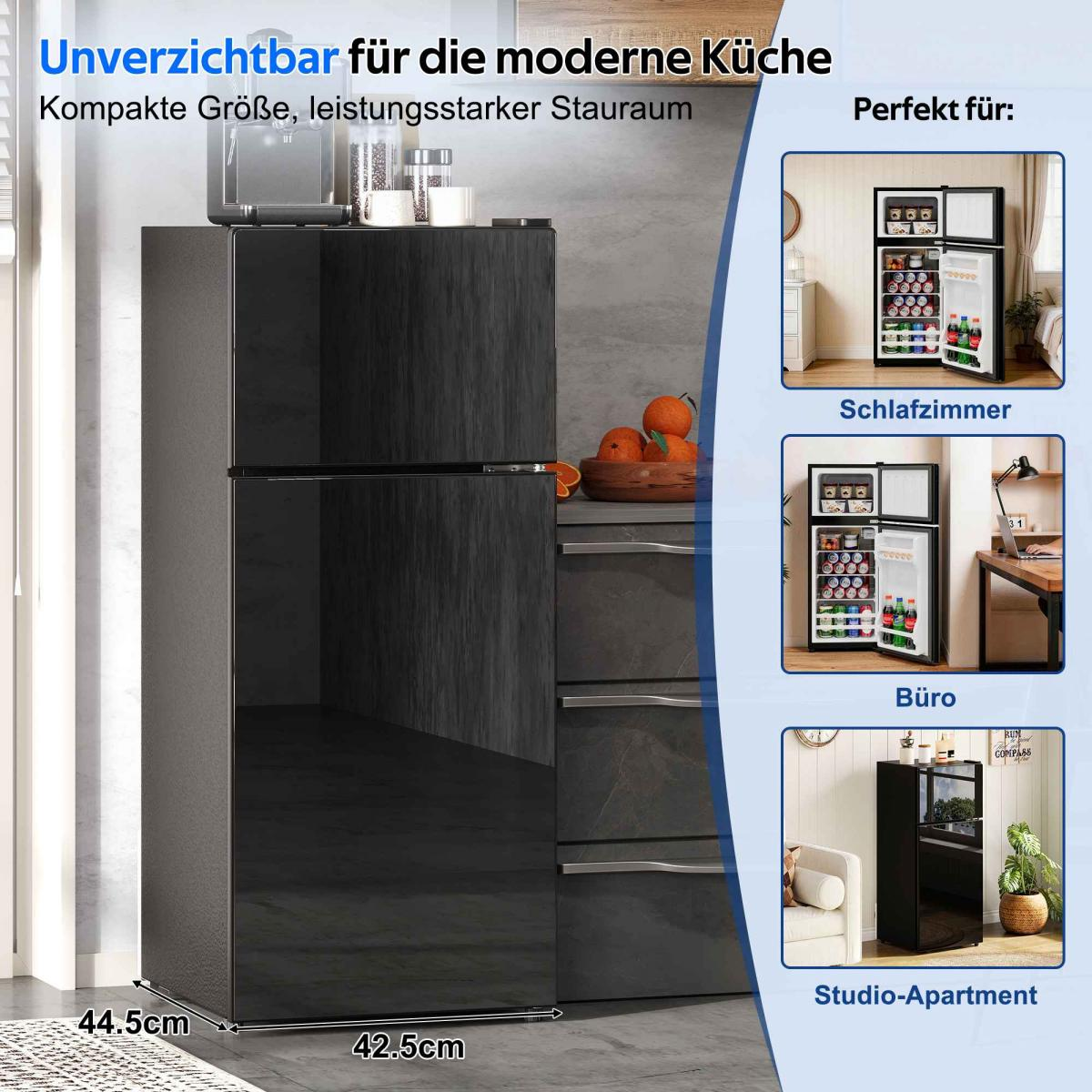 Schwarzer Kühlschrank mit zwei Türen, Maße 44.5x42.5cm. Daneben ein Regal mit Obst.