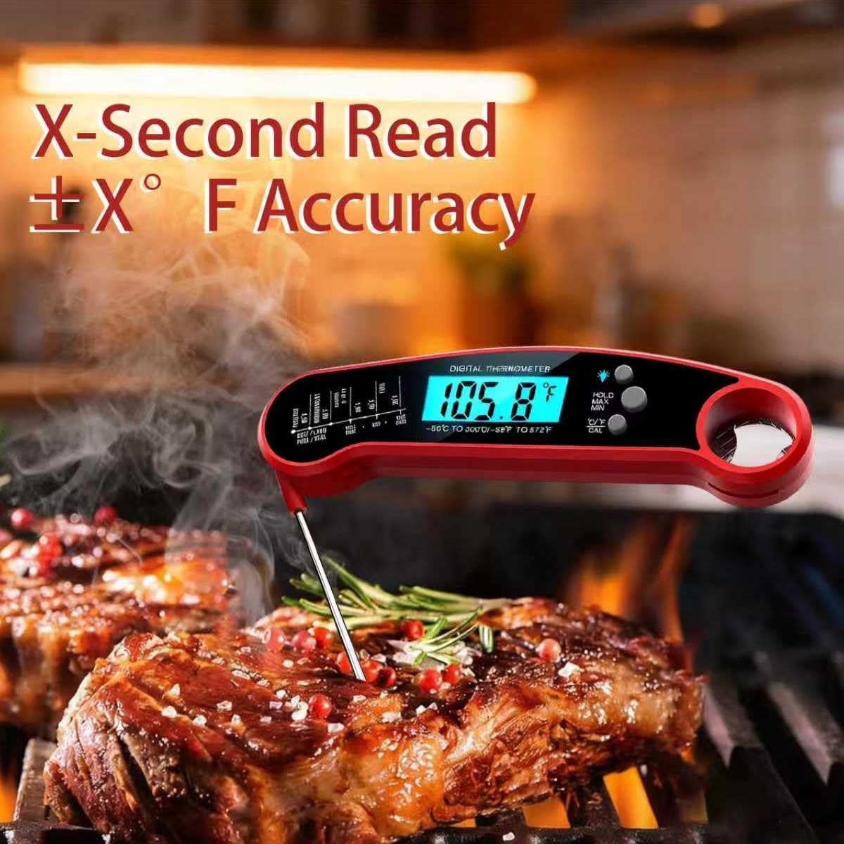 Ein rotes digitales Fleischthermometer misst die Temperatur von saftigen Steaks auf einem Grill.