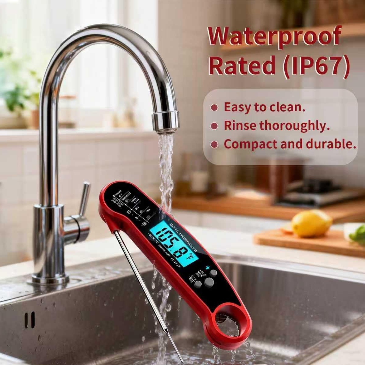 Ein rotes Digitalthermometer wird unter fließendem Wasser in einer Spüle gereinigt.