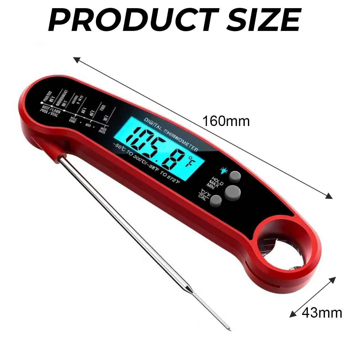 Ein rotes Digitalthermometer mit Metallsonde und LCD-Display, das 105,8°F anzeigt.