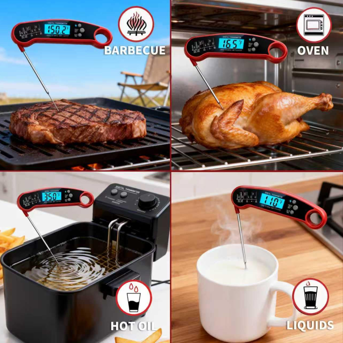 Digitale Thermometer messen Steak, Huhn, Öl und Flüssigkeiten für verschiedene Kochzwecke.