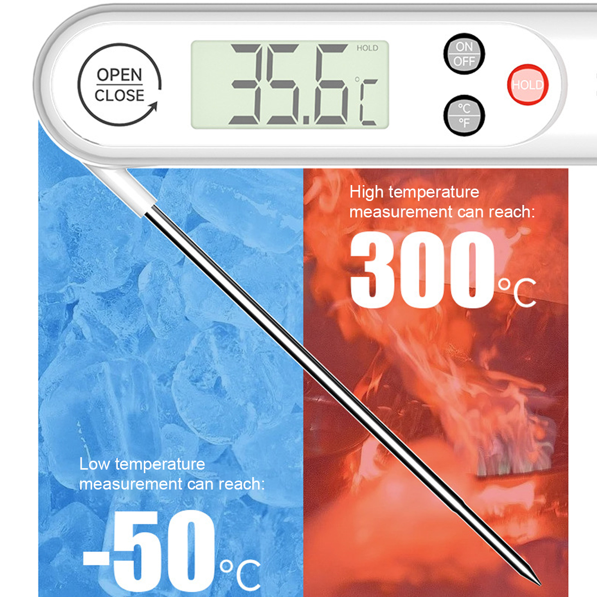 Ein Thermometer zeigt 35,6°C an, mit Bereichen von -50°C bis 300°C.