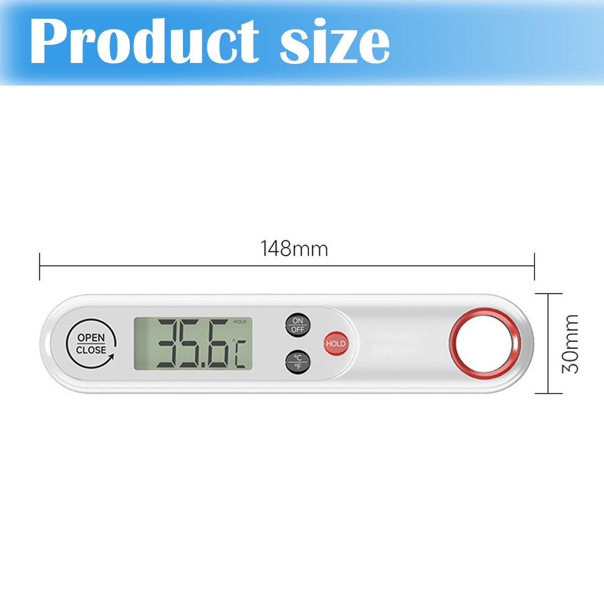 Ein weißes digitales Thermometer mit LCD-Anzeige (35,6°C), Tasten und einem Ring am Ende.