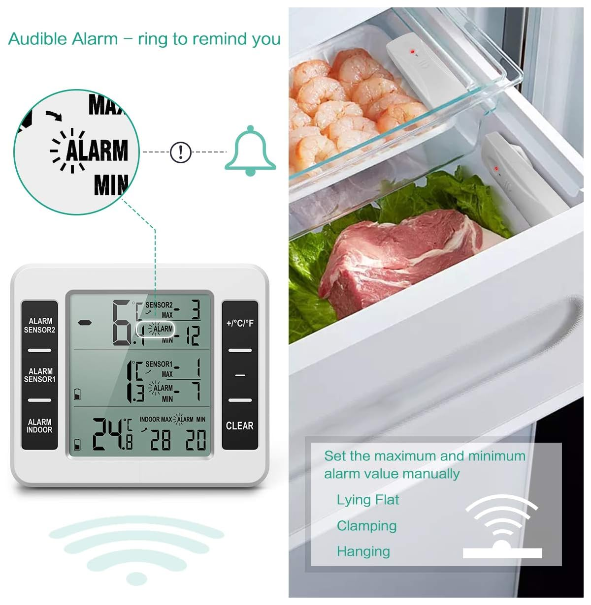 Digitales Thermometer mit Alarmfunktion zeigt Temperaturen und Alarmwerte an. Daneben: Kühlschrankfächer mit Fleisch und Garnelen.