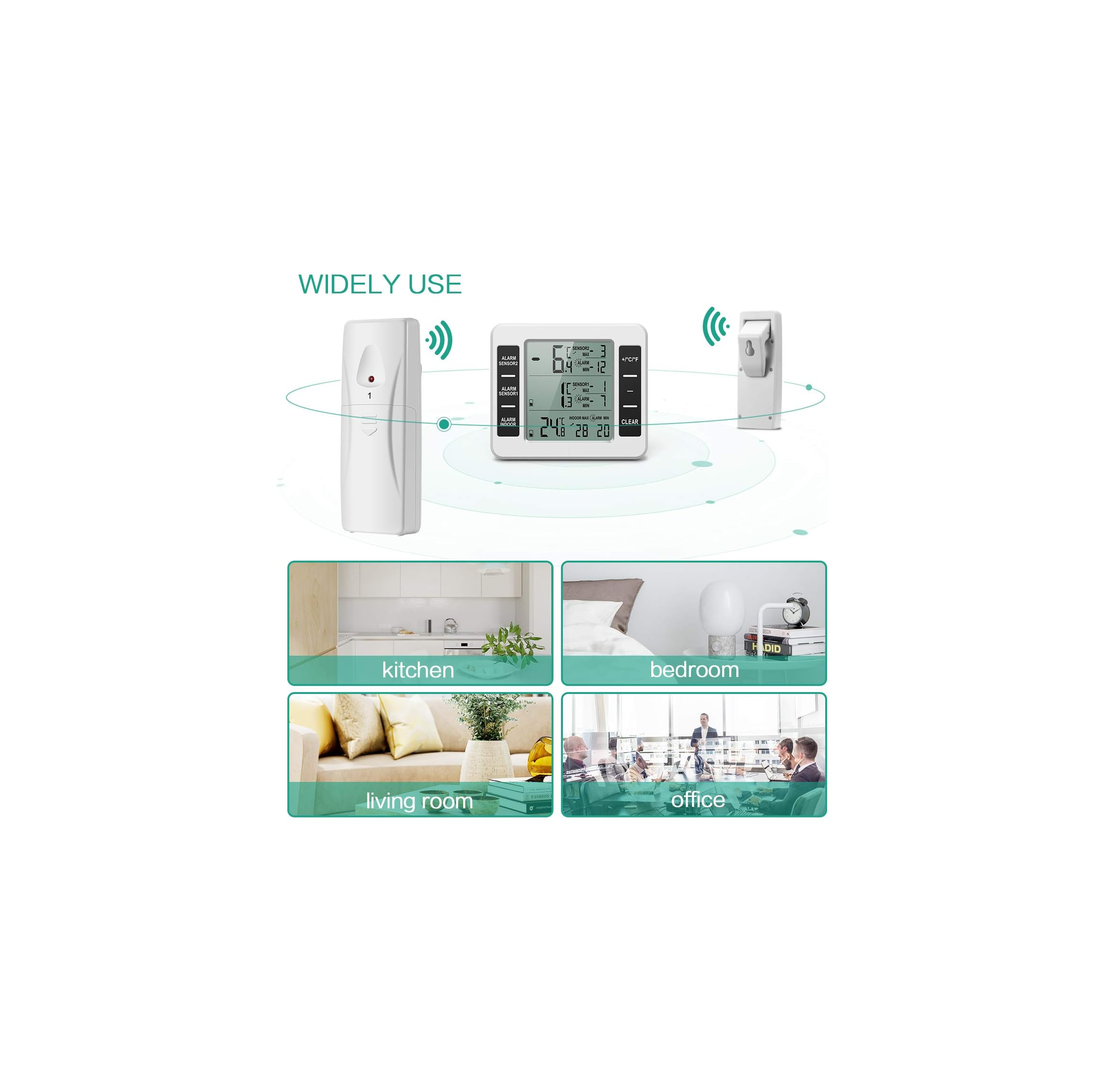 Ein digitales Thermometer mit zwei Sensoren für Küche, Schlafzimmer, Wohnzimmer und Büro.