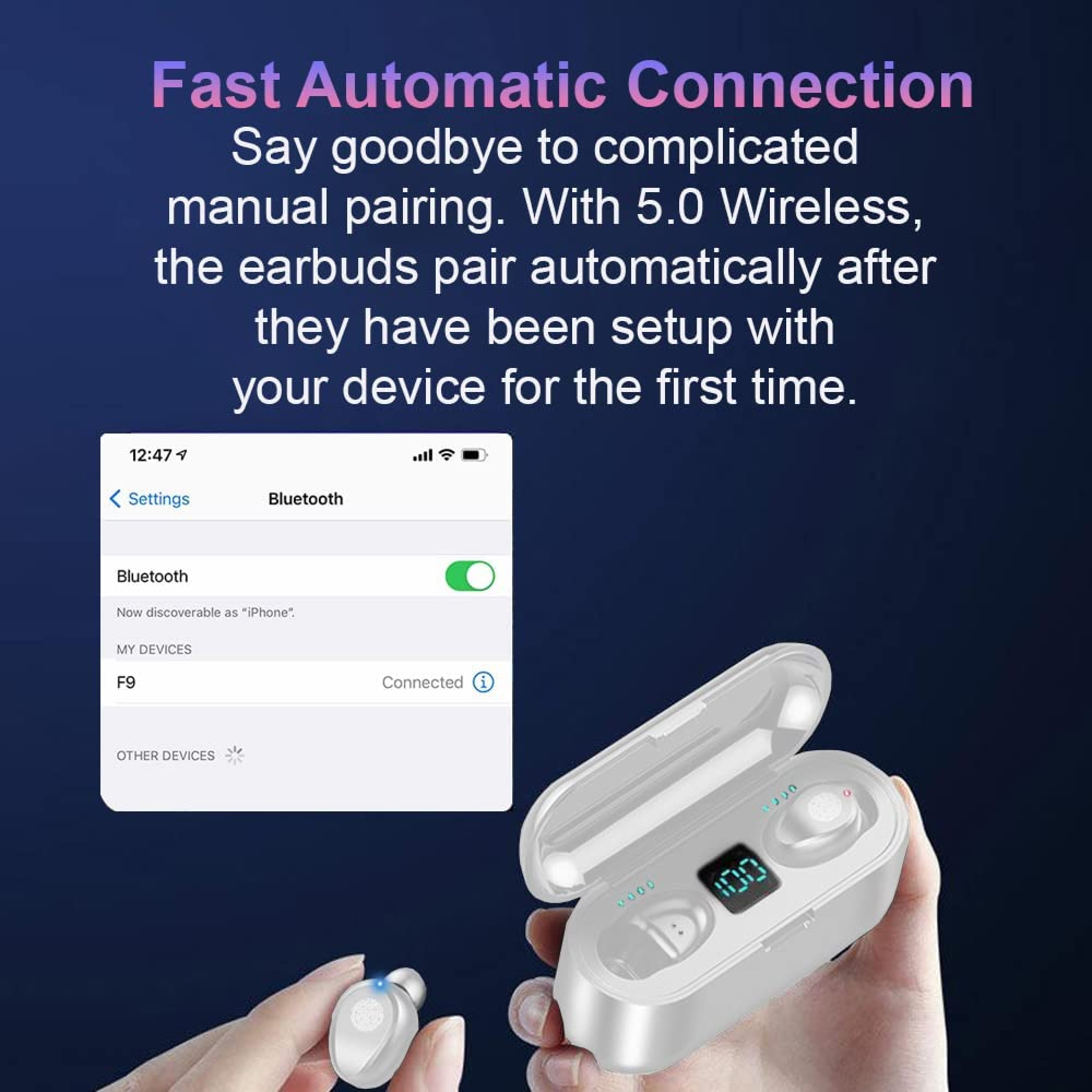 Bildschirm zeigt Bluetooth-Einstellungen mit Ohrhörern und Ladecase.