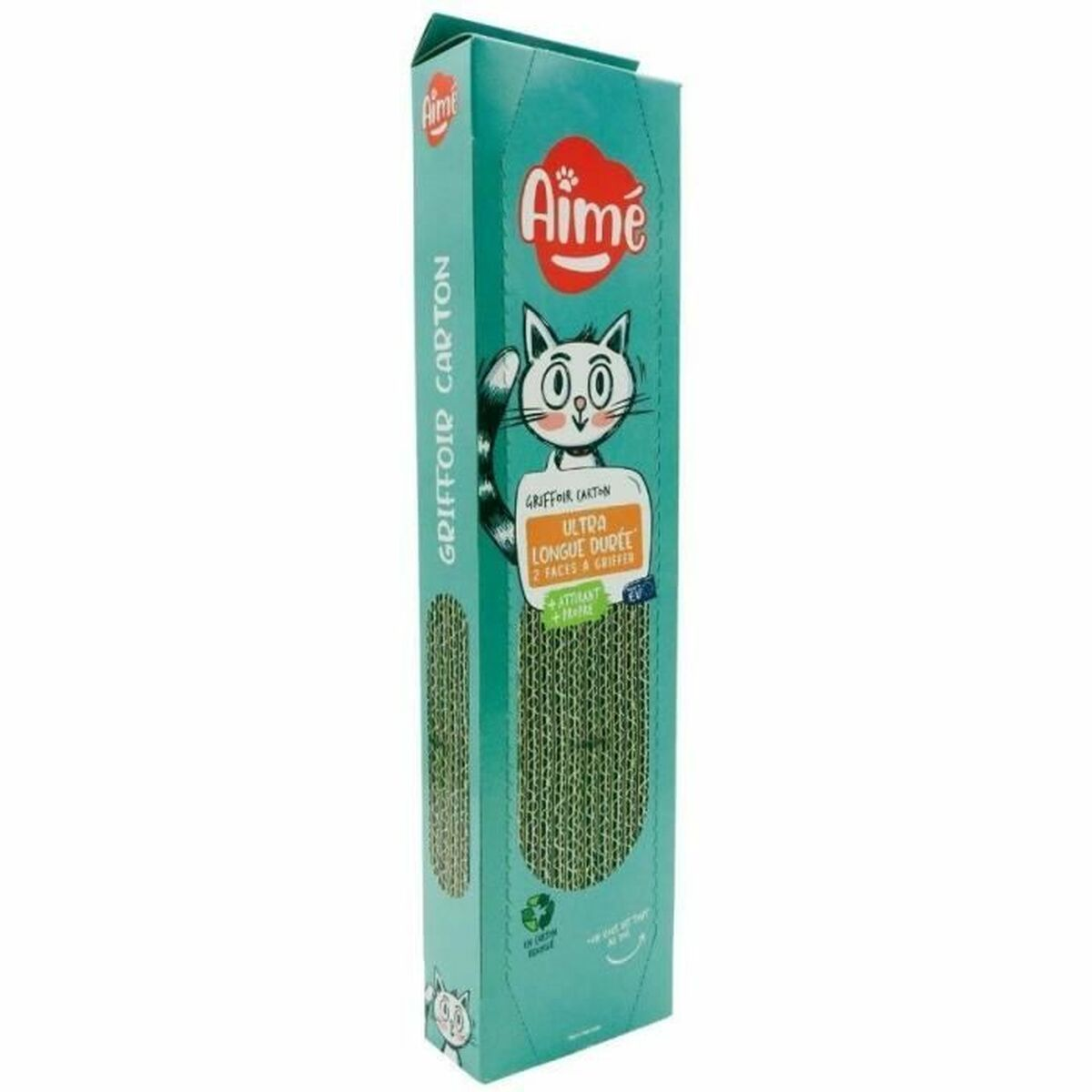 Ein grüner Karton für Katzen mit einer Katze und Aufschrift: "Aime".