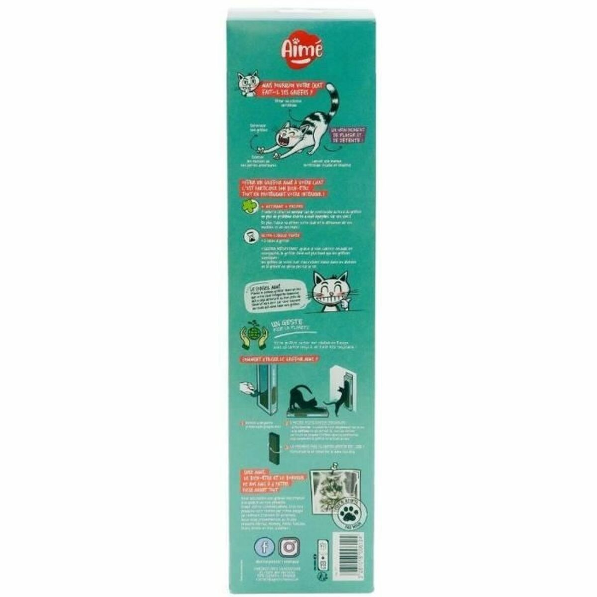 Eine Verpackung mit Katzenmotiven und Anleitungen zur Katzenpflege und zum Kratzen.