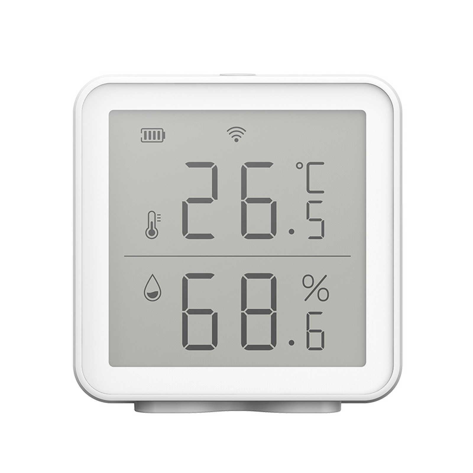Weißes digitales Thermometer und Hygrometer zeigt 26,5°C und 68,6% Luftfeuchtigkeit.