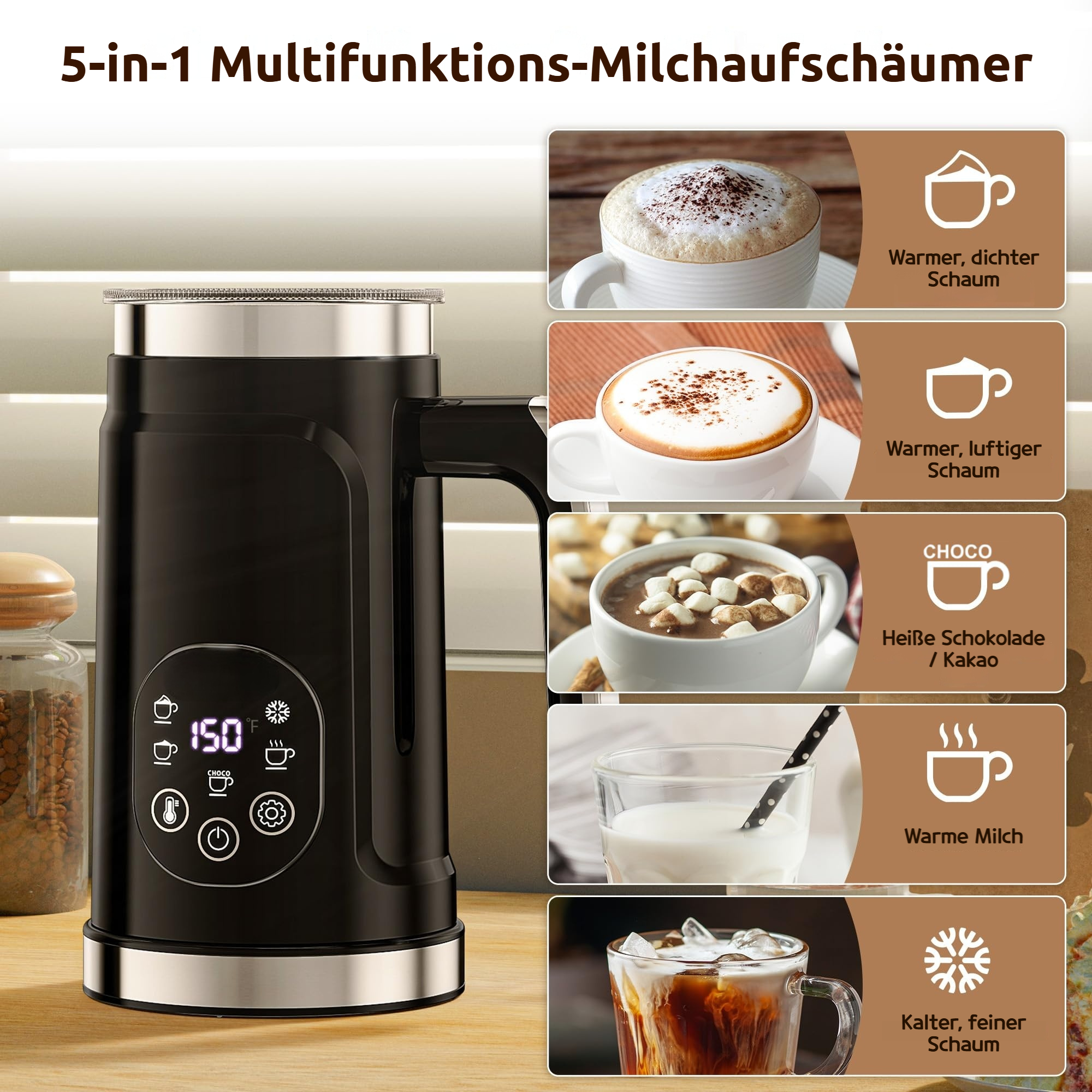 Ein schwarzer Milchaufschäumer mit Anzeige und fünf Getränkebildern daneben.