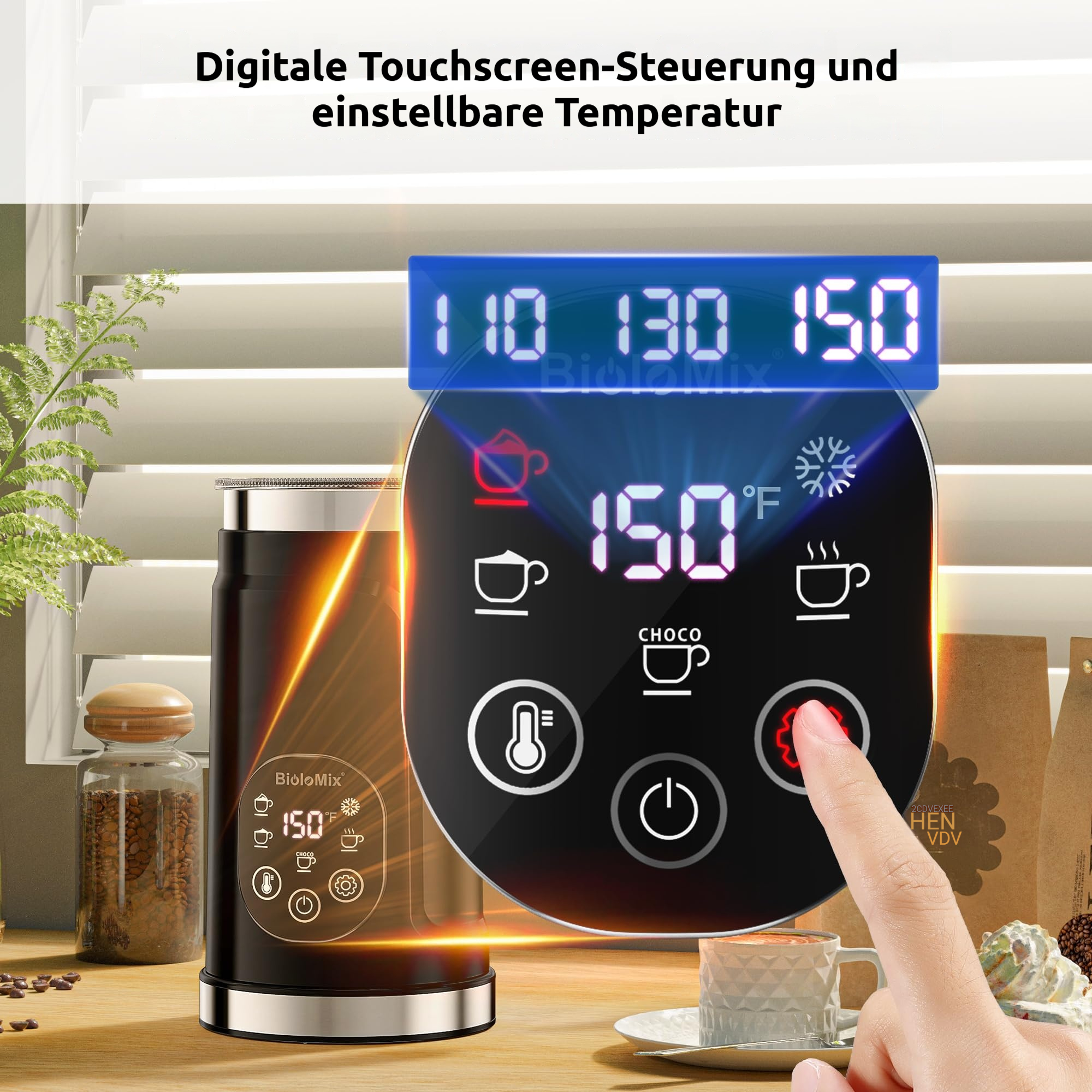 Ein schwarzer Wasserkocher mit digitaler Anzeige und Bedienelementen.
