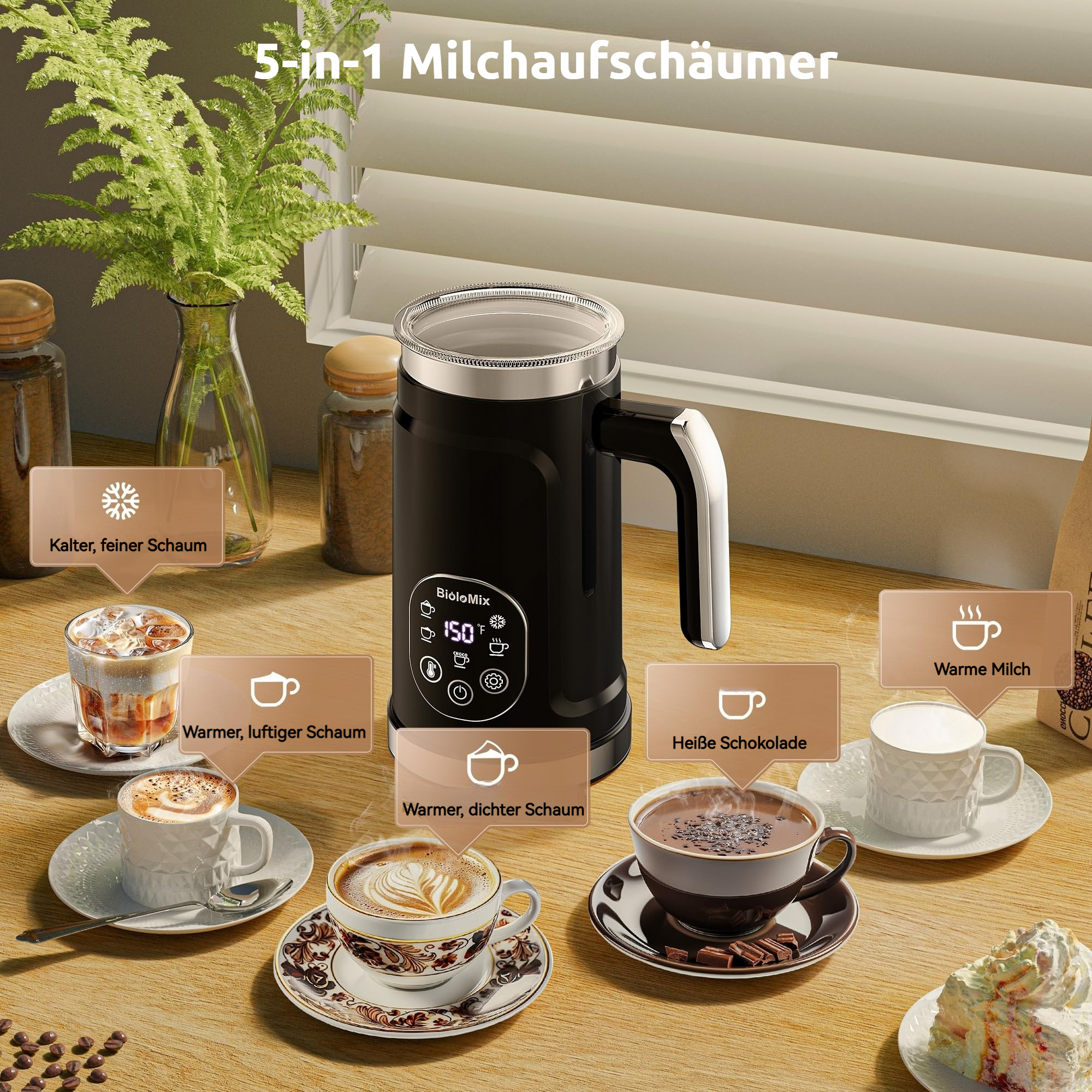 Schwarzer Milchaufschäumer mit verschiedenen Kaffeegetränken und heißer Schokolade.