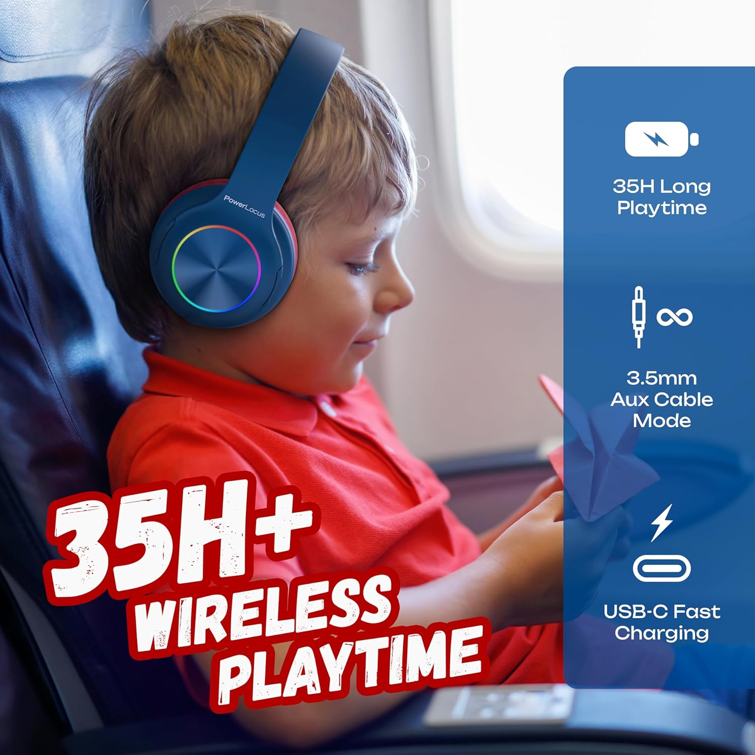 Kind mit Kopfhörern im Flugzeug, 35h Spielzeit, Aux-Kabel, USB-C
