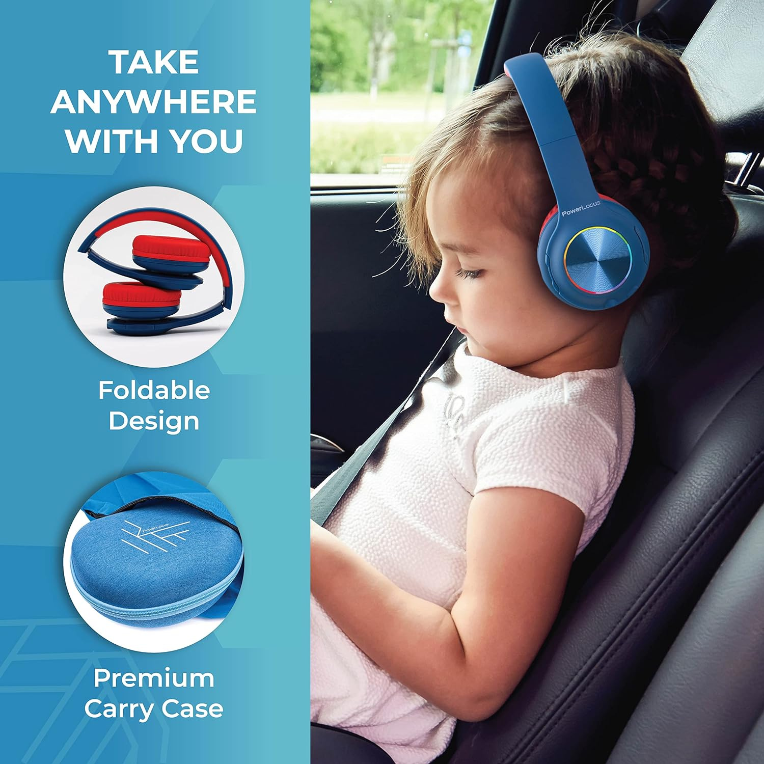 Ein Kind mit Kopfhörern im Auto. Die Kopfhörer sind blau und rot, faltbar und haben eine Tragetasche.