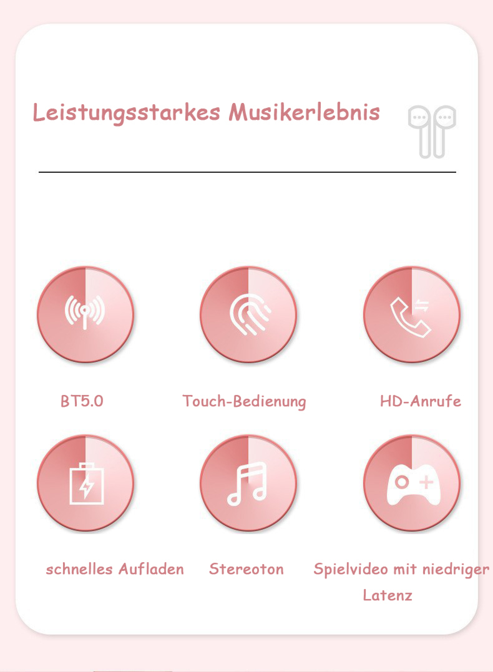 Eine Seite mit Symbolen für BT5.0, Touch, Anrufe, Aufladen, Stereoton, Spiele.