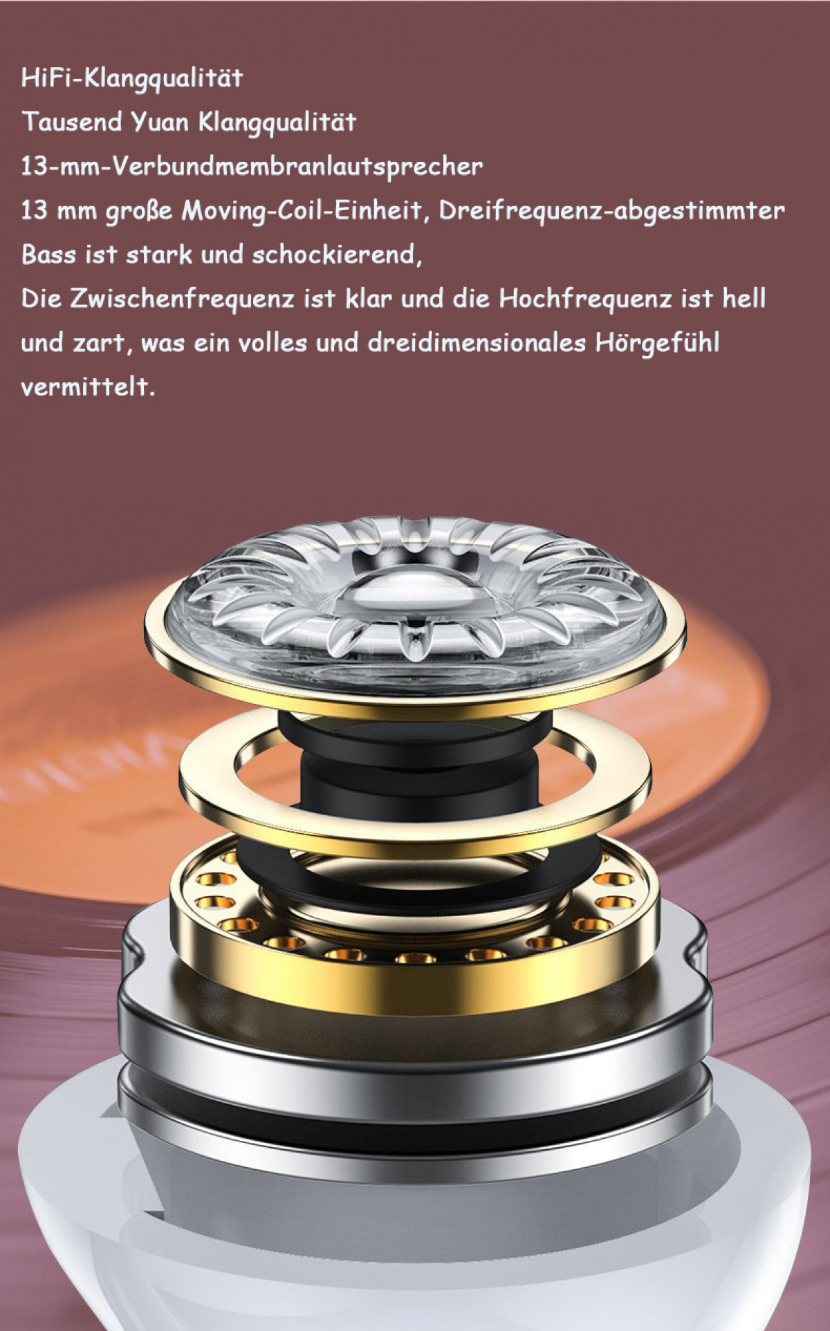 Explosionszeichnung eines Kopfhörer-Treibers mit Klarsichtmembran und goldenen Ringen.
