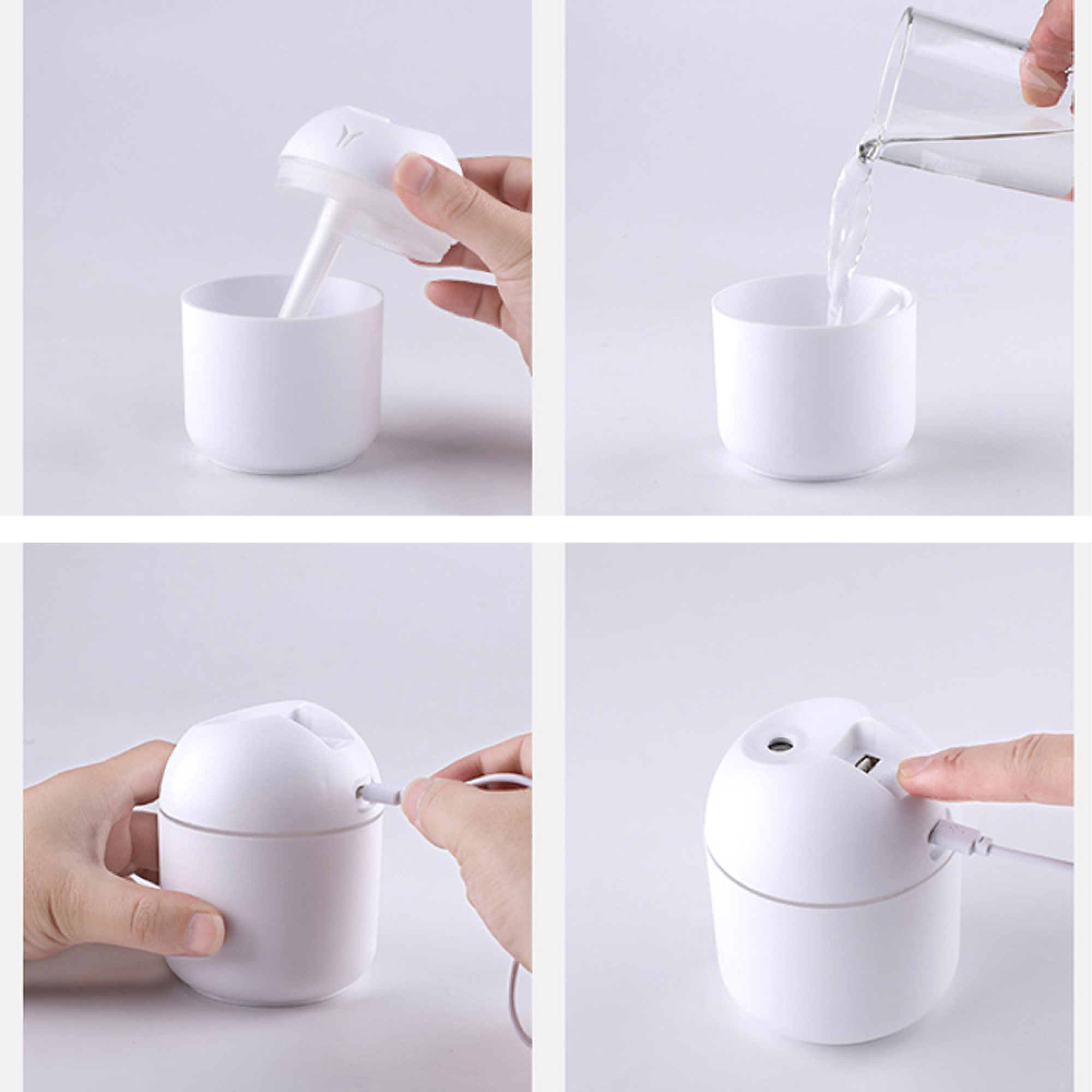 Weiße Humidifier-Schritte: Deckel entfernen, Wasser einfüllen, USB anschließen, einschalten.