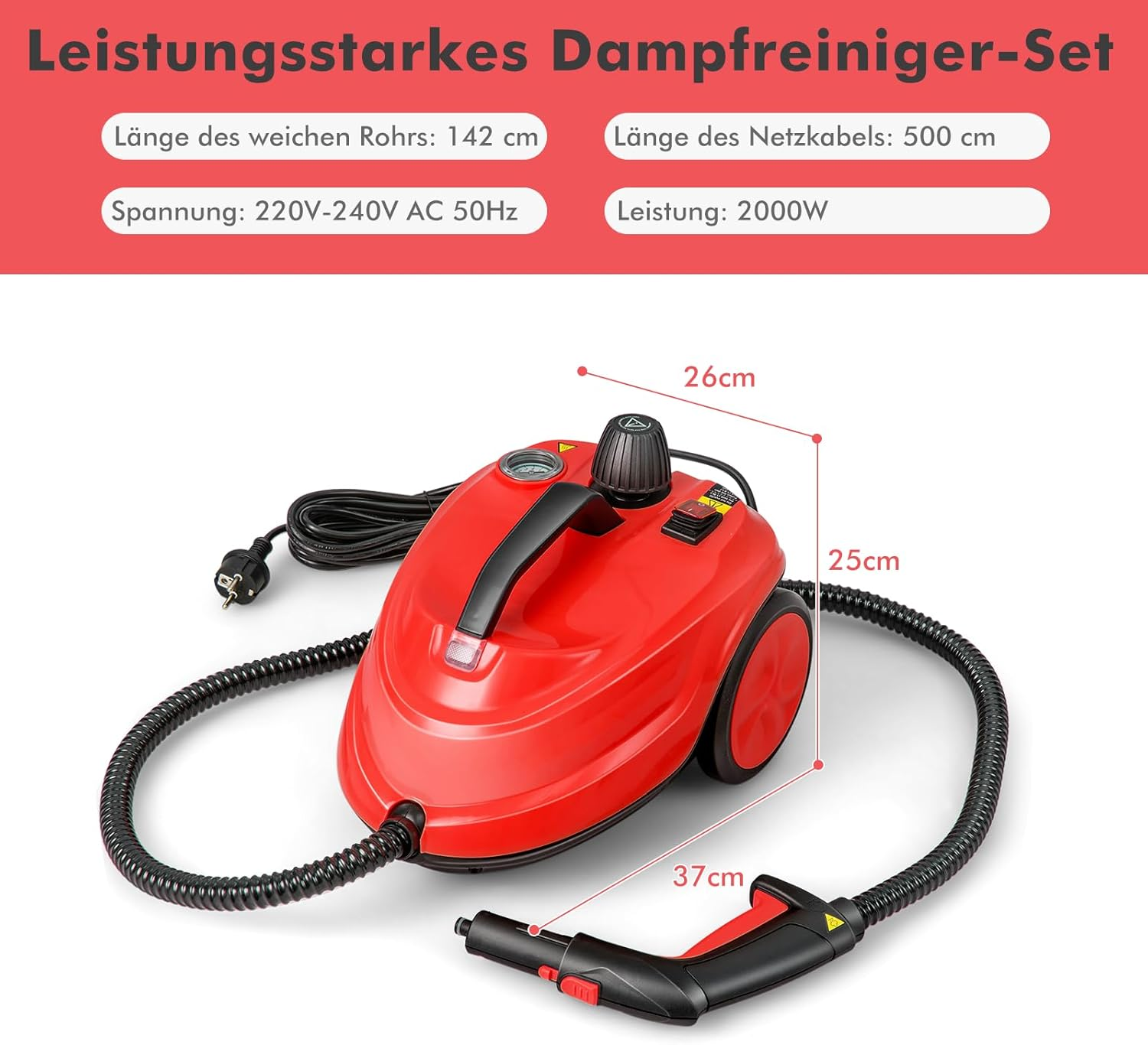 Roter Dampfreiniger mit Schlauch und Aufsatz. Maße: 26x25x37cm.