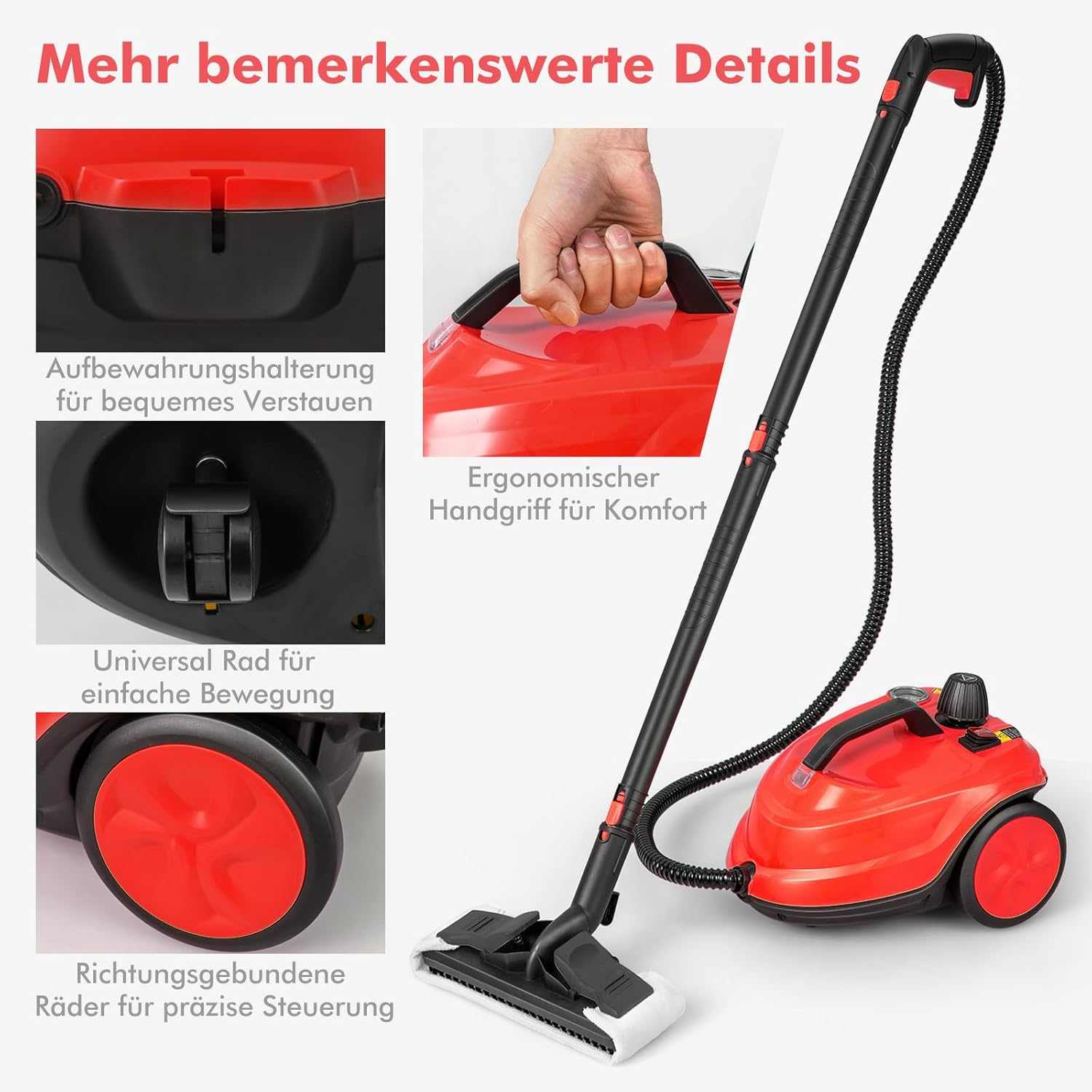 Roter Dampfreiniger mit Zubehör, mit Detailaufnahmen von Griff, Rädern und Aufbewahrung.