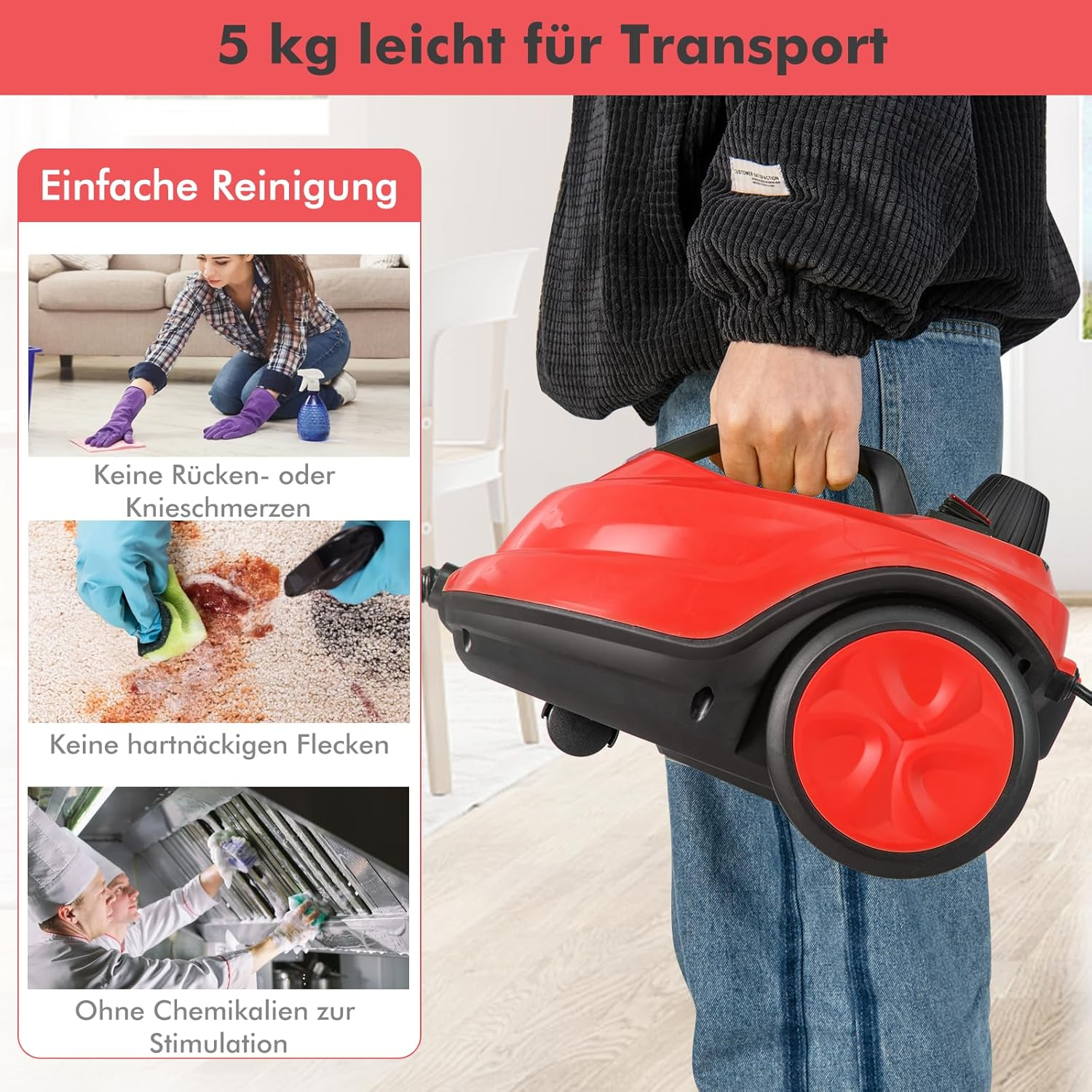Eine Person hält eine rote Reinigungsmaschine. Daneben sind drei Bilder von Reinigungsszenen.