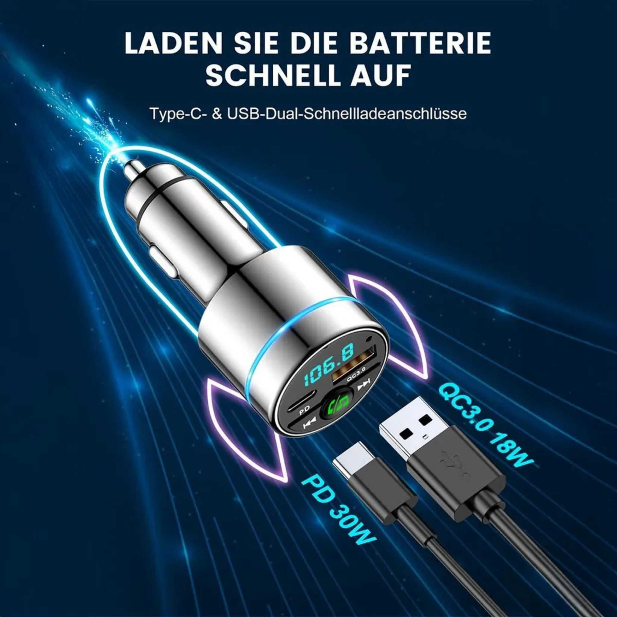 Ein silberner Auto-Ladegerät mit digitalen Display und Kabeln.