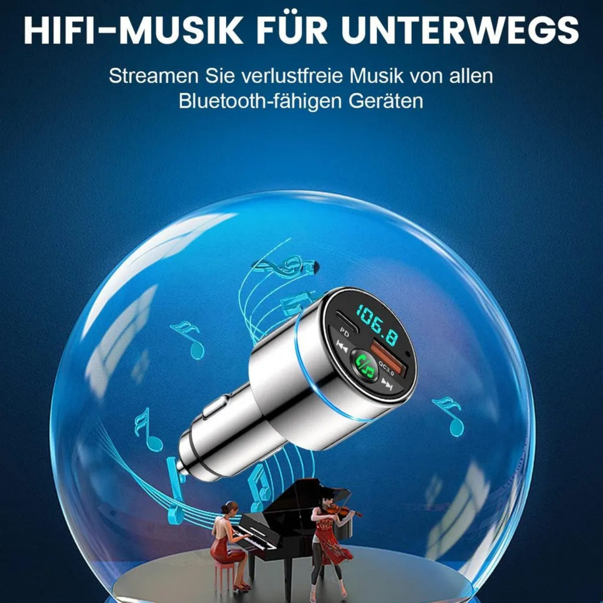 Ein Bluetooth-Musik-Sender mit Display, zwei Figuren und Noten in einer Blase.