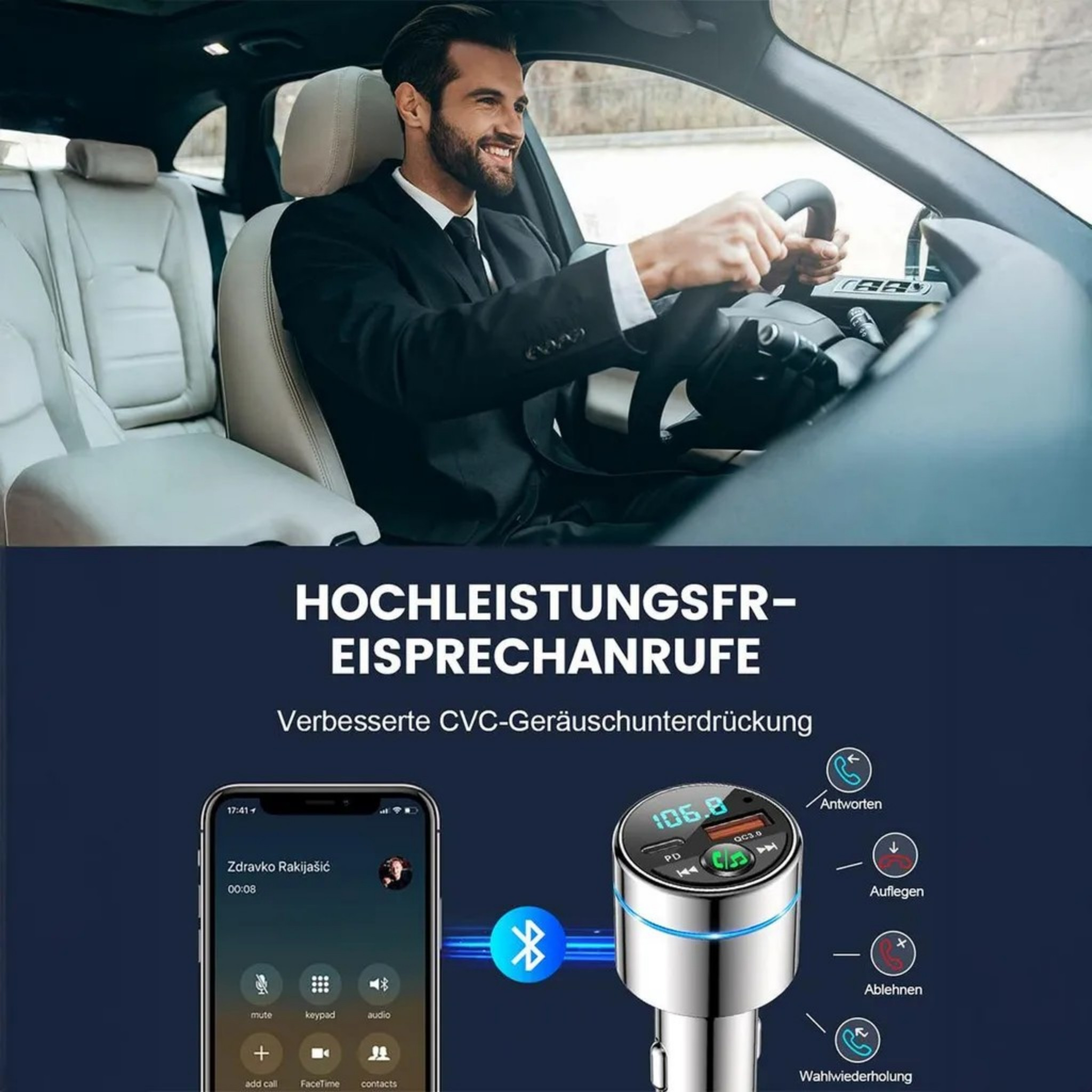 Mann im Auto, Telefon und Freisprecheinrichtung mit Anzeige