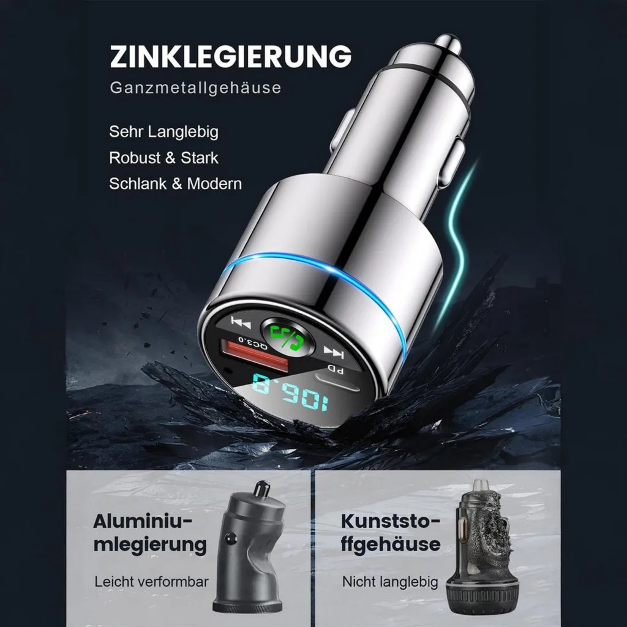 Silberner Zigarettenanzünder-Adapter mit digitaler Anzeige und blauen Lichtern.