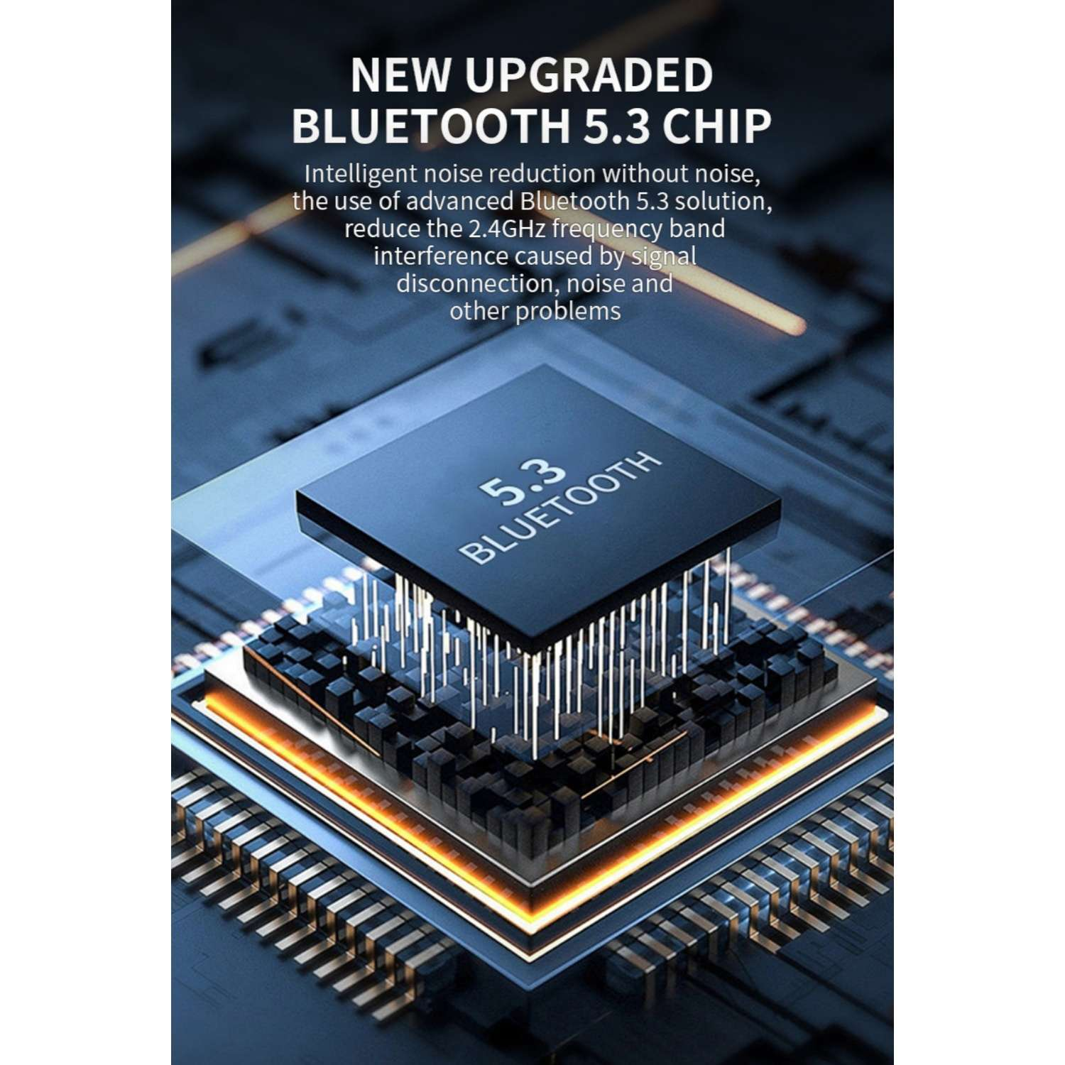 Nahaufnahme eines Bluetooth 5.3 Chips auf einer Leiterplatte mit leuchtenden Verbindungen.