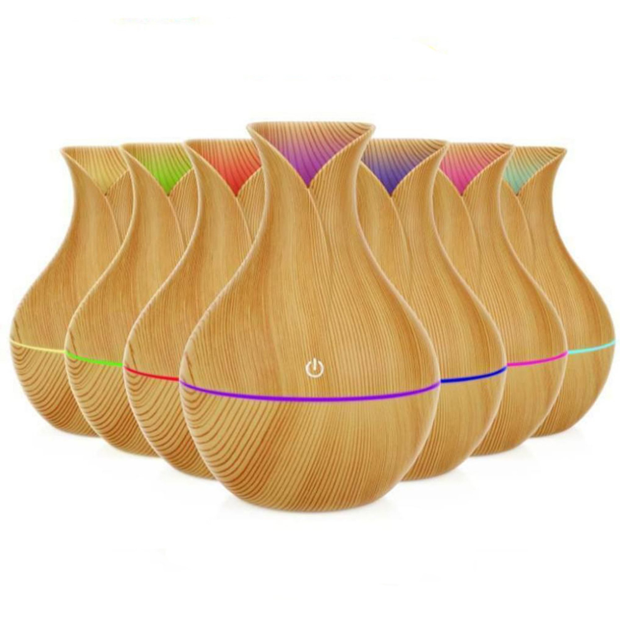 Mehrere braune Diffusoren mit Farbwechsel-LEDs und einem Power-Symbol.