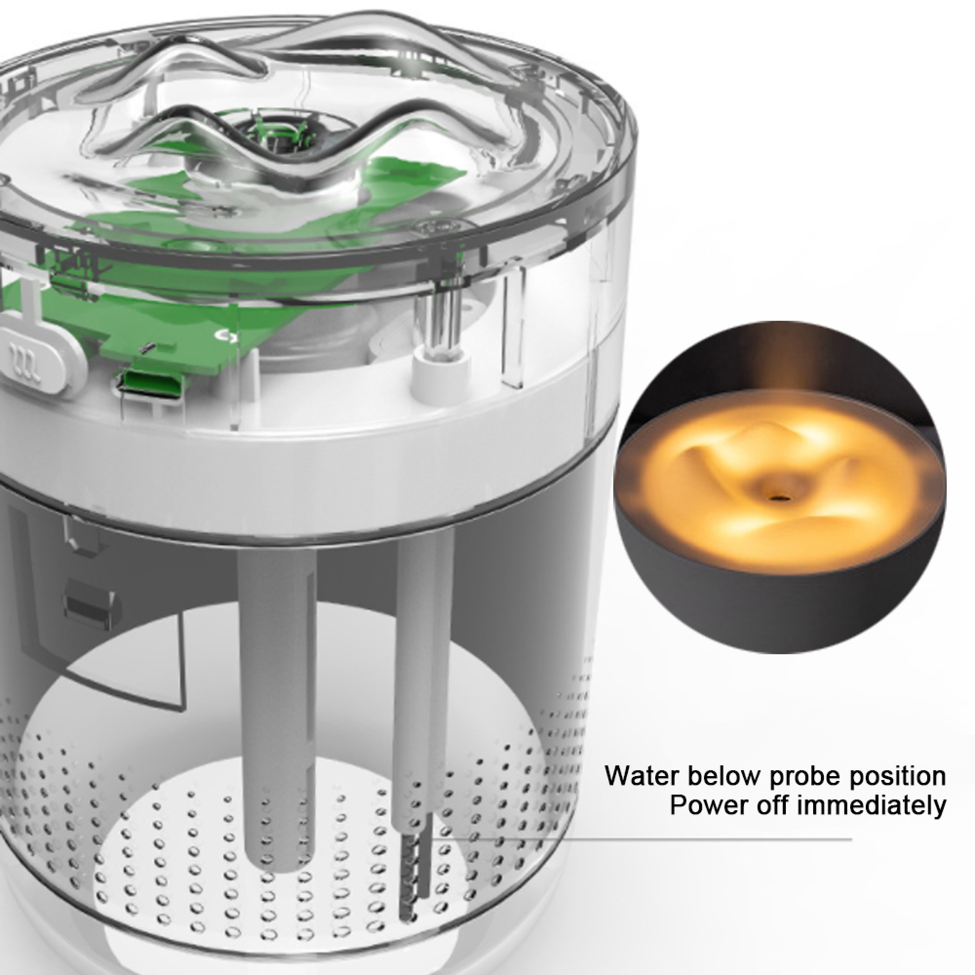 Klarer Luftbefeuchter mit interner grüner Platine und zwei Sonden. Seitenansicht zeigt leuchtende orange Wasseroberfläche.