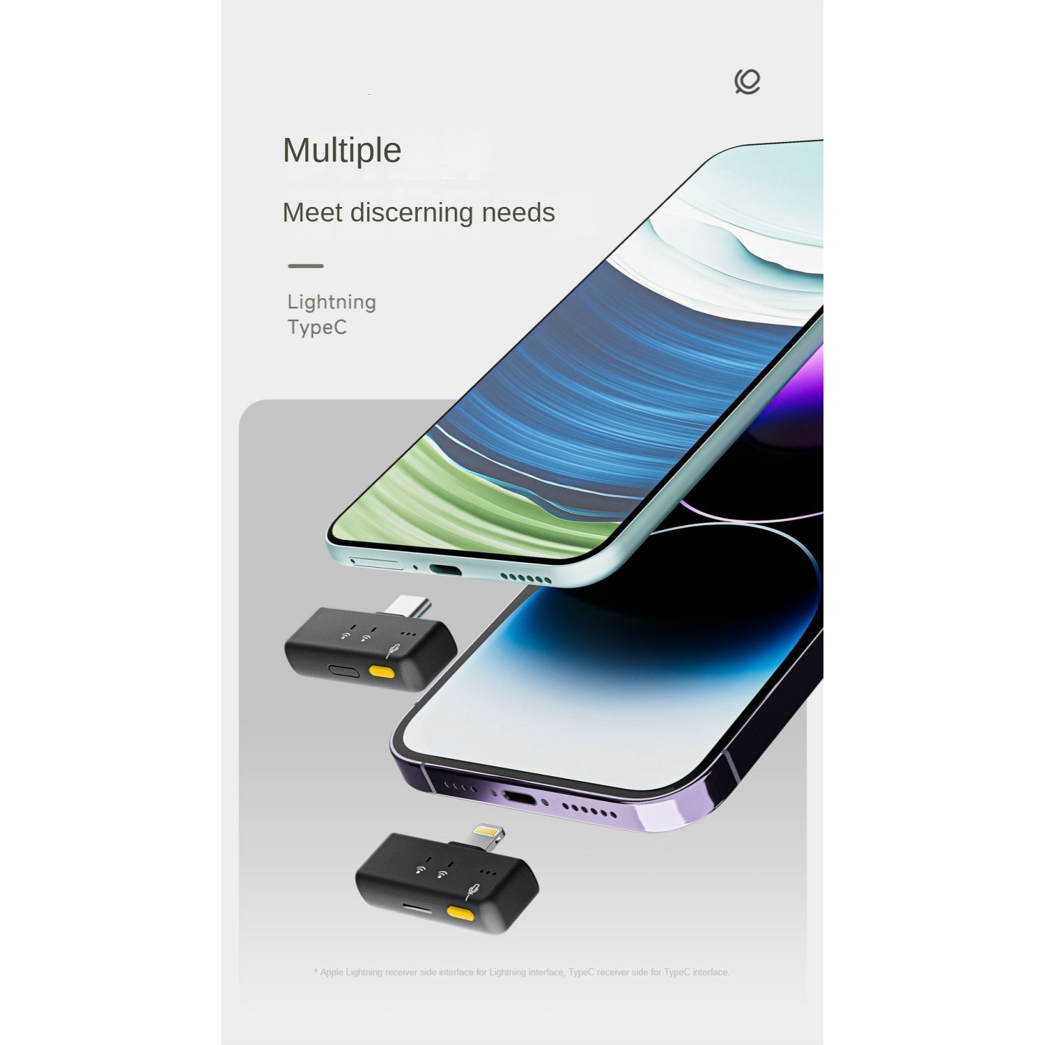 Zwei kleine schwarze Adapter mit gelbem Knopf und Symbolen liegen vor zwei Smartphones.