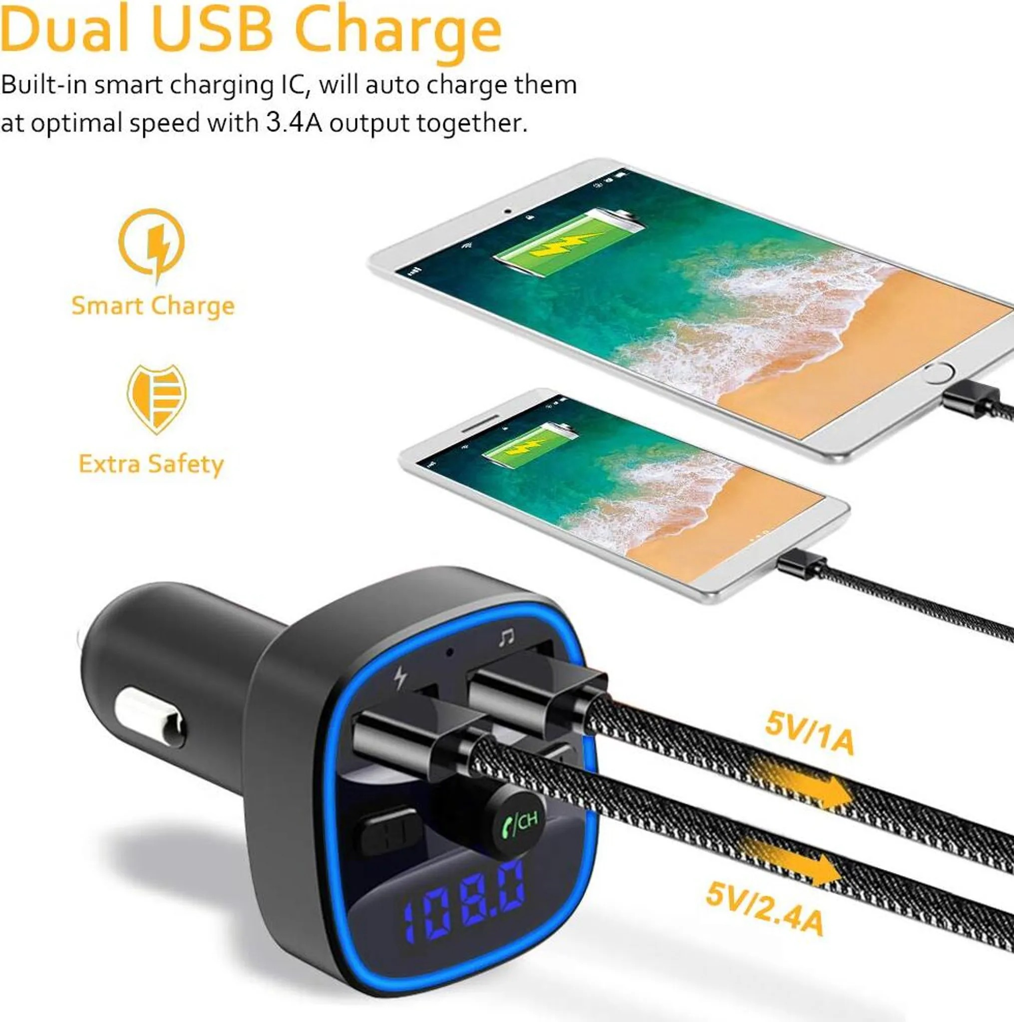 Schwarzer Doppel-USB-Autoladegerät mit blauer LED-Anzeige und zwei angeschlossenen Tablets.