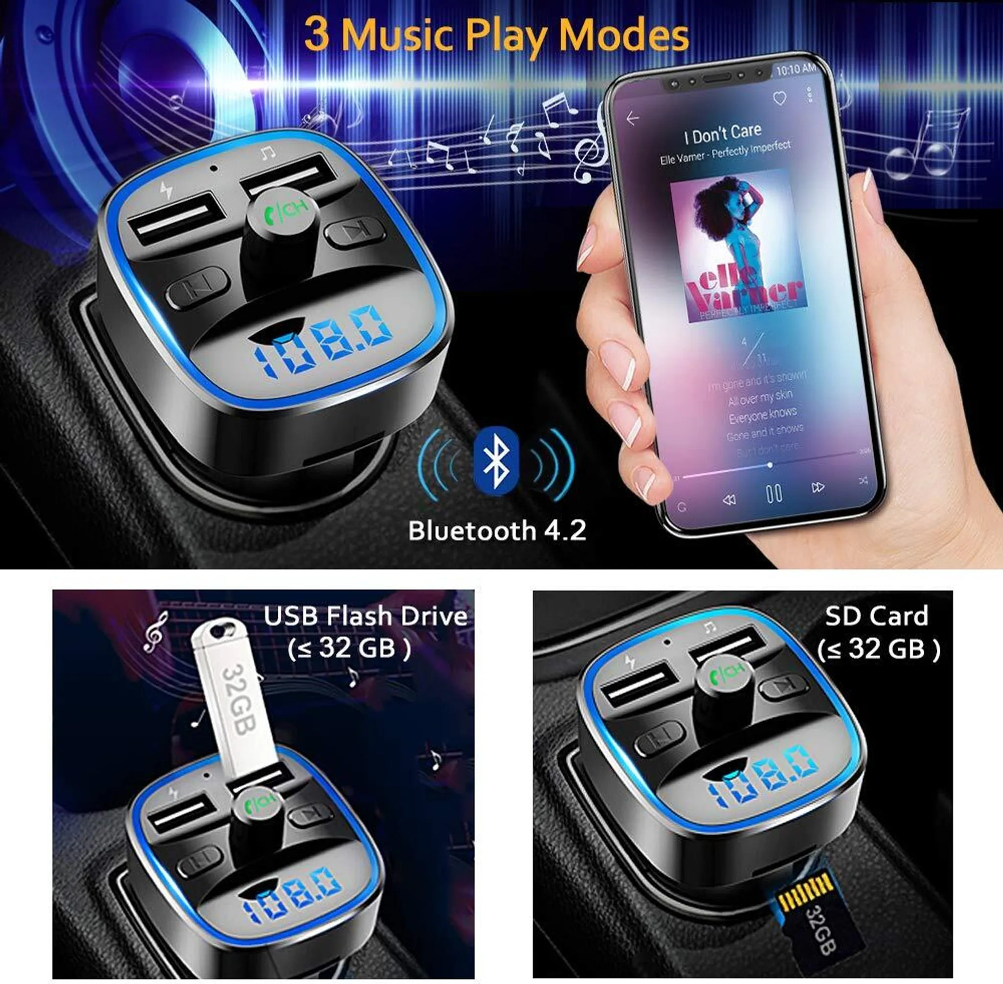 Auto-FM-Sender mit 3 Wiedergabemodi: USB, SD-Karte, Bluetooth 4.2.