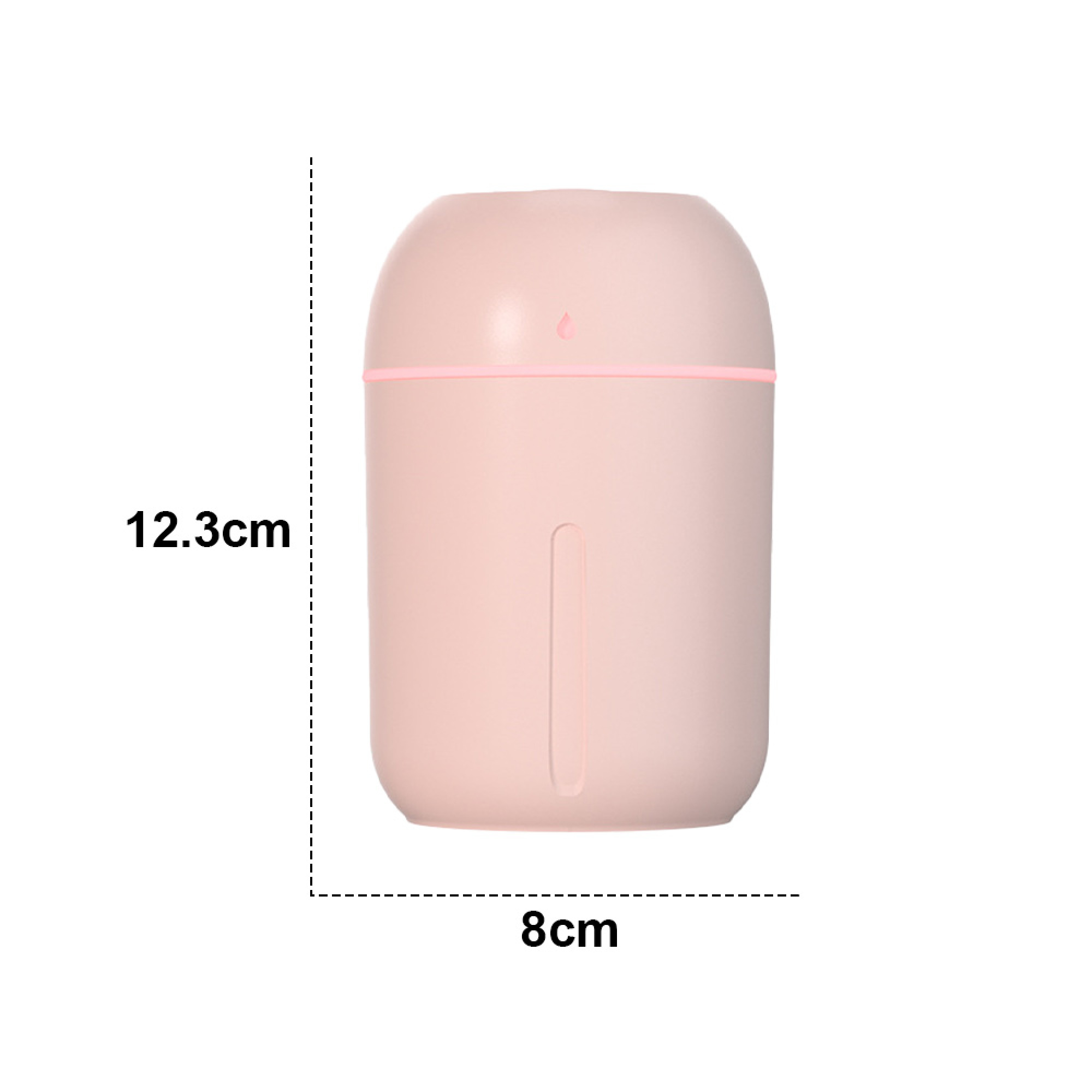 Ein kleiner, rosafarbener Luftbefeuchter mit einem tropfenförmigen Symbol.
