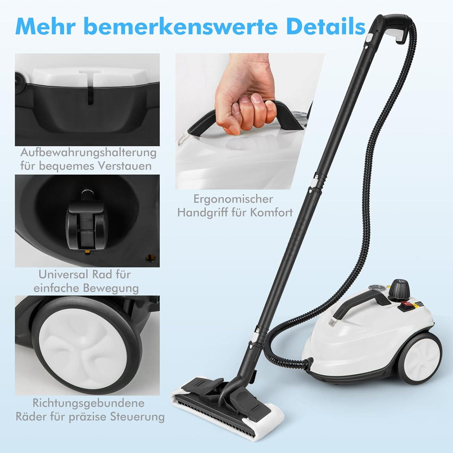 Dampfreiniger mit Zubehör: Handgriff, Räder und Aufbewahrung.